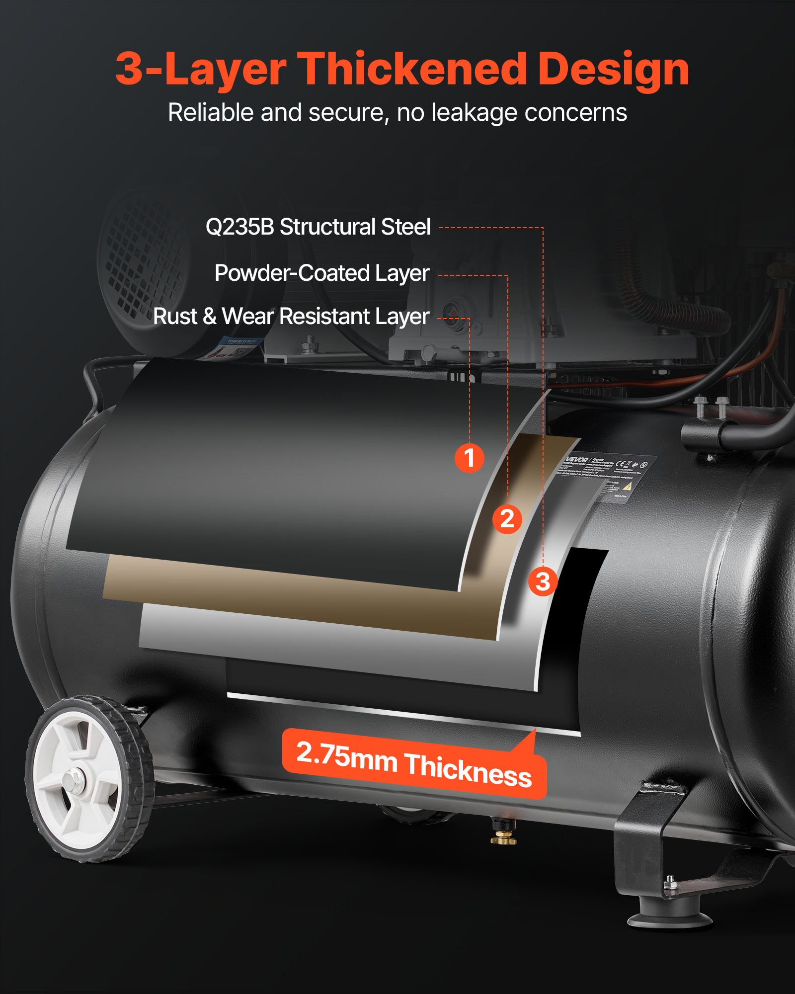VEVOR Compresor de Aire Portátil con Depósito 100 L, Bomba por Correa, Motor de 3 kW, 226 L/min a 6,2 bar, Presión Máxima 10 bar, con Ruedas para Reparación, Inflado, Taller y Herramientas Neumáticas