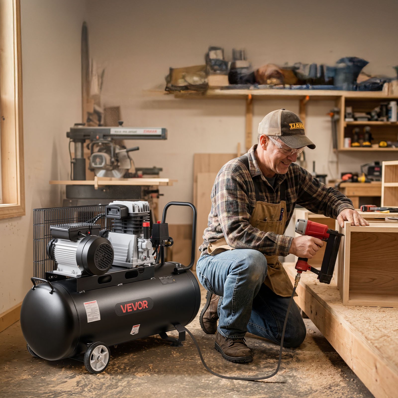 VEVOR Compresor de Aire Portátil con Depósito 100 L, Bomba por Correa, Motor de 3 kW, 226 L/min a 6,2 bar, Presión Máxima 10 bar, con Ruedas para Reparación, Inflado, Taller y Herramientas Neumáticas