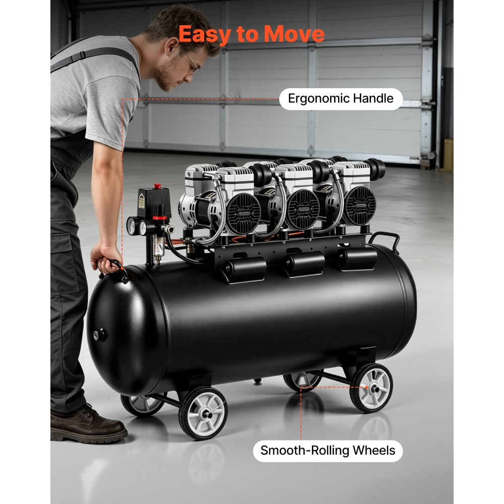 VEVOR Compresor de Aire Portátil con Depósito 100 L sin Aceite, Motor de 3 kW, 198 L/min a 6,2 bar Presión Máxima 8 bar, con Ruedas para Herramientas Neumáticas, Taller, Garaje, Inflado y Reparación