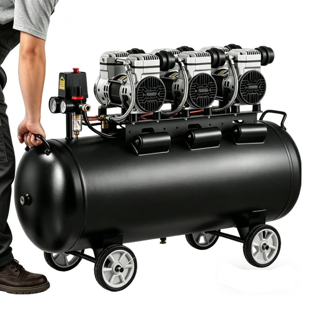 VEVOR Compresor de Aire Portátil con Depósito 100 L sin Aceite, Motor de 3 kW, 198 L/min a 6,2 bar Presión Máxima 8 bar, con Ruedas para Herramientas Neumáticas, Taller, Garaje, Inflado y Reparación