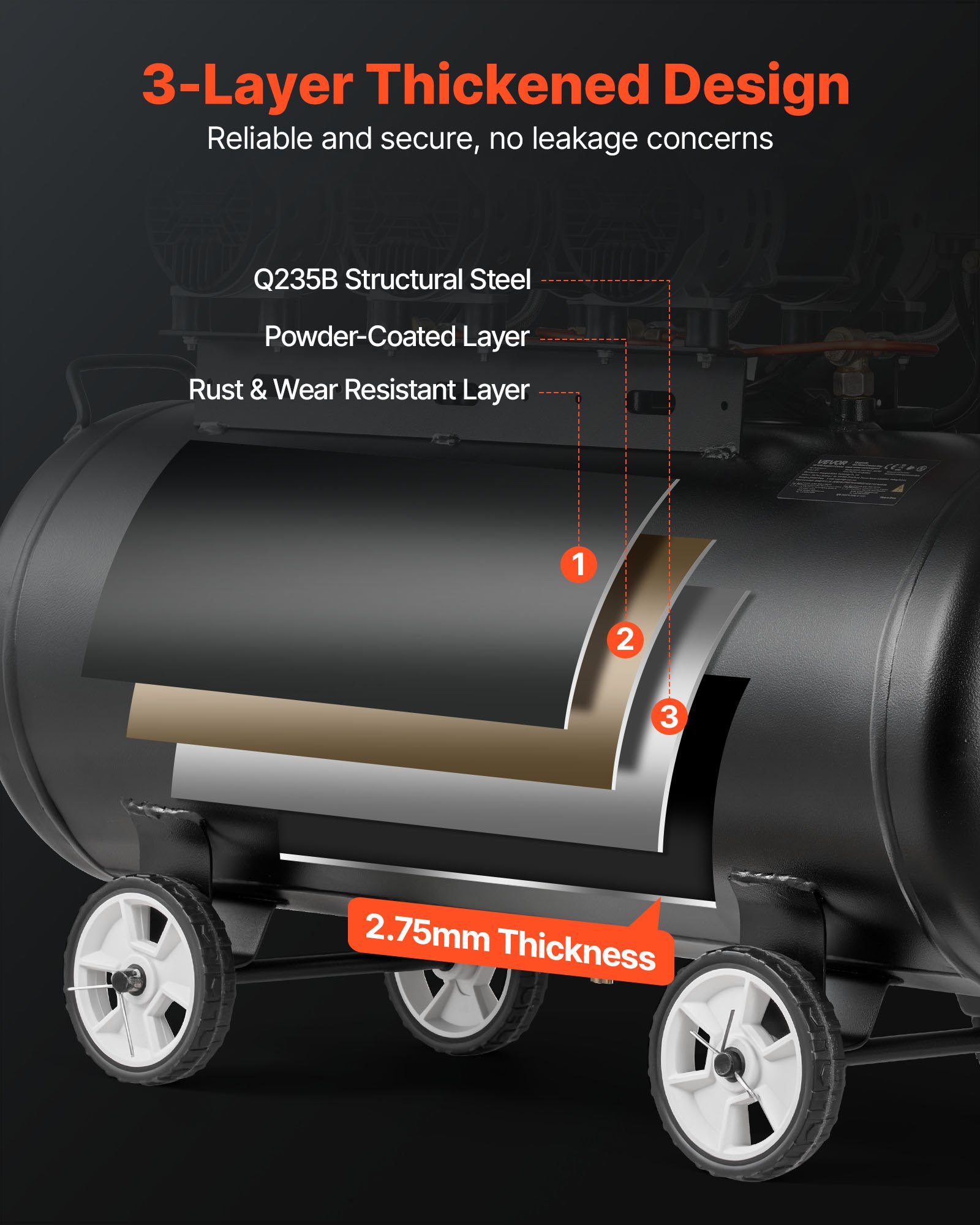 VEVOR Compresor de Aire Portátil con Depósito 100 L sin Aceite, Motor de 3 kW, 198 L/min a 6,2 bar Presión Máxima 8 bar, con Ruedas para Herramientas Neumáticas, Taller, Garaje, Inflado y Reparación