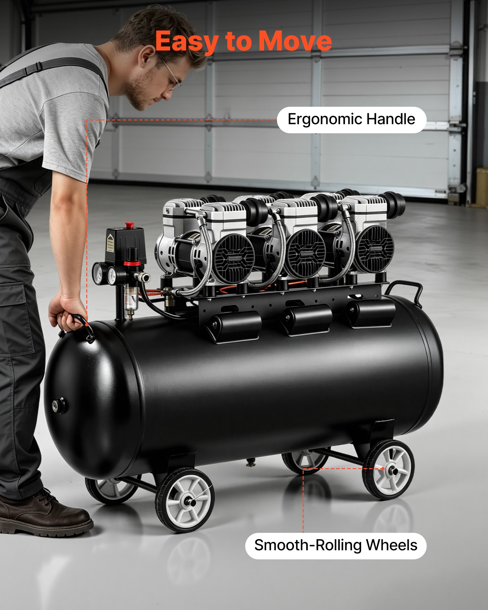 VEVOR Compresor de Aire Portátil con Depósito 100 L sin Aceite, Motor de 3 kW, 198 L/min a 6,2 bar Presión Máxima 8 bar, con Ruedas para Herramientas Neumáticas, Taller, Garaje, Inflado y Reparación
