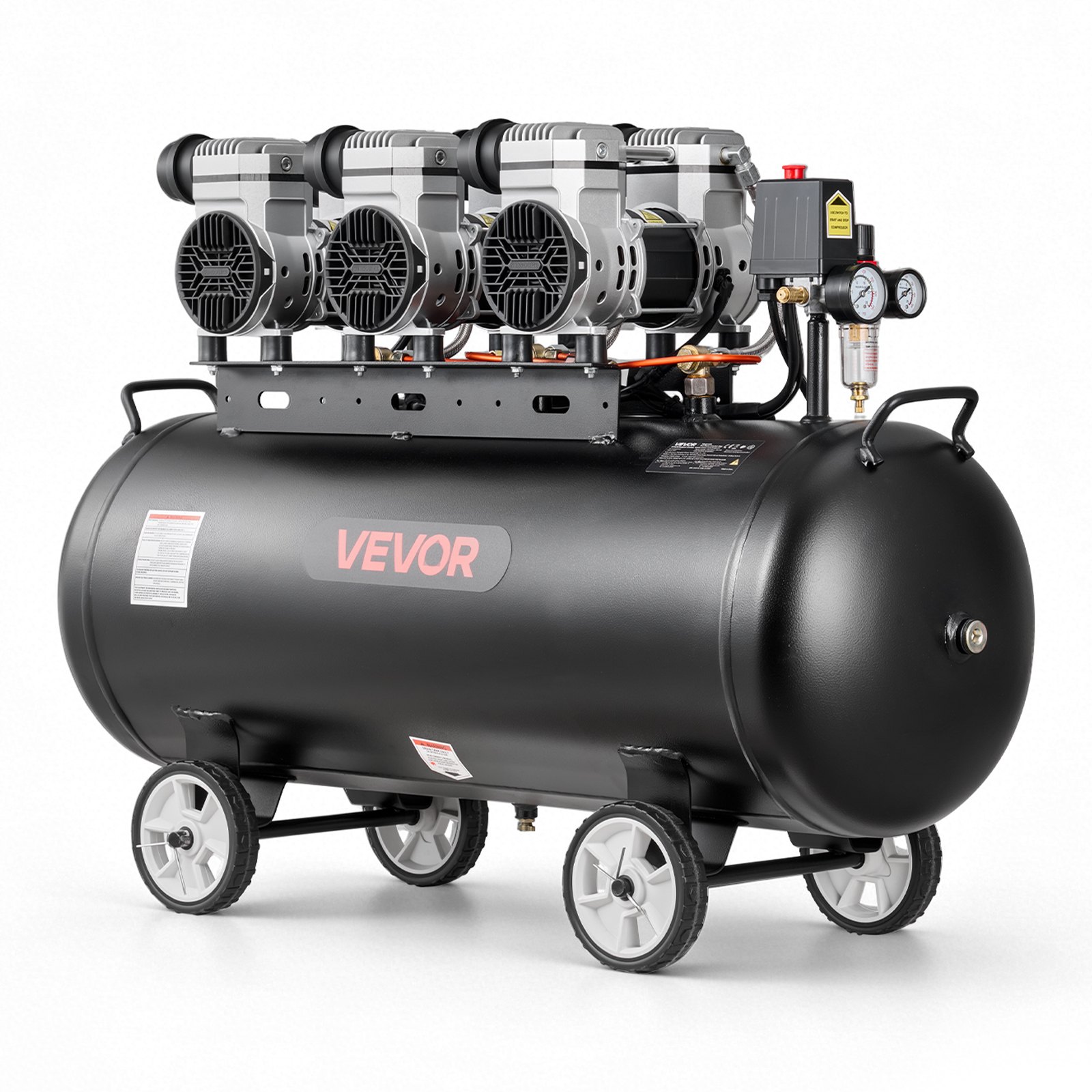 VEVOR Compresor de Aire Portátil con Depósito 100 L sin Aceite, Motor de 3 kW, 198 L/min a 6,2 bar Presión Máxima 8 bar, con Ruedas para Herramientas Neumáticas, Taller, Garaje, Inflado y Reparación