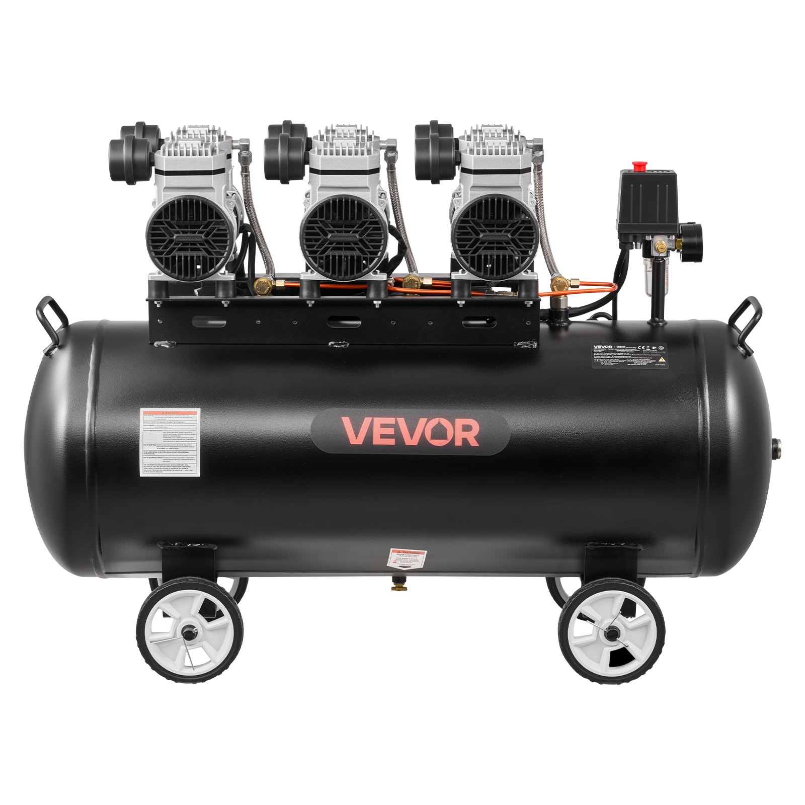 VEVOR Compresor de Aire Portátil con Depósito 100 L sin Aceite, Motor de 3 kW, 198 L/min a 6,2 bar Presión Máxima 8 bar, con Ruedas para Herramientas Neumáticas, Taller, Garaje, Inflado y Reparación