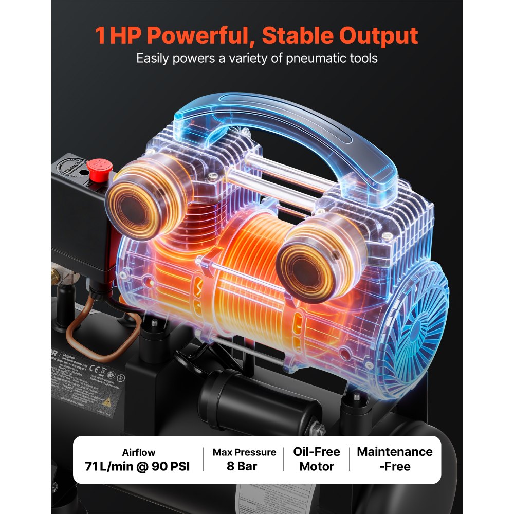 VEVOR Compresor de Aire Portátil con Depósito 6 L sin Aceite, Motor de 0,75 kW, 71 L/min a 6,2 bar, Presión Máxima 8 bar, con Ruedas para Garaje, Inflado, Reparación, Taller y Herramientas Neumáticas