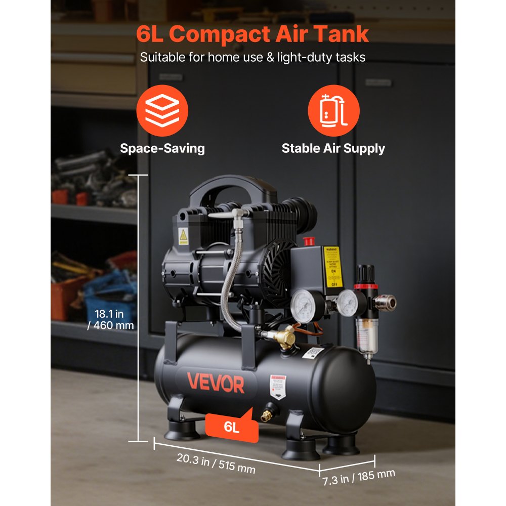 VEVOR Compresor de Aire Portátil con Depósito 6 L sin Aceite, Motor de 0,75 kW, 71 L/min a 6,2 bar, Presión Máxima 8 bar, con Ruedas para Garaje, Inflado, Reparación, Taller y Herramientas Neumáticas