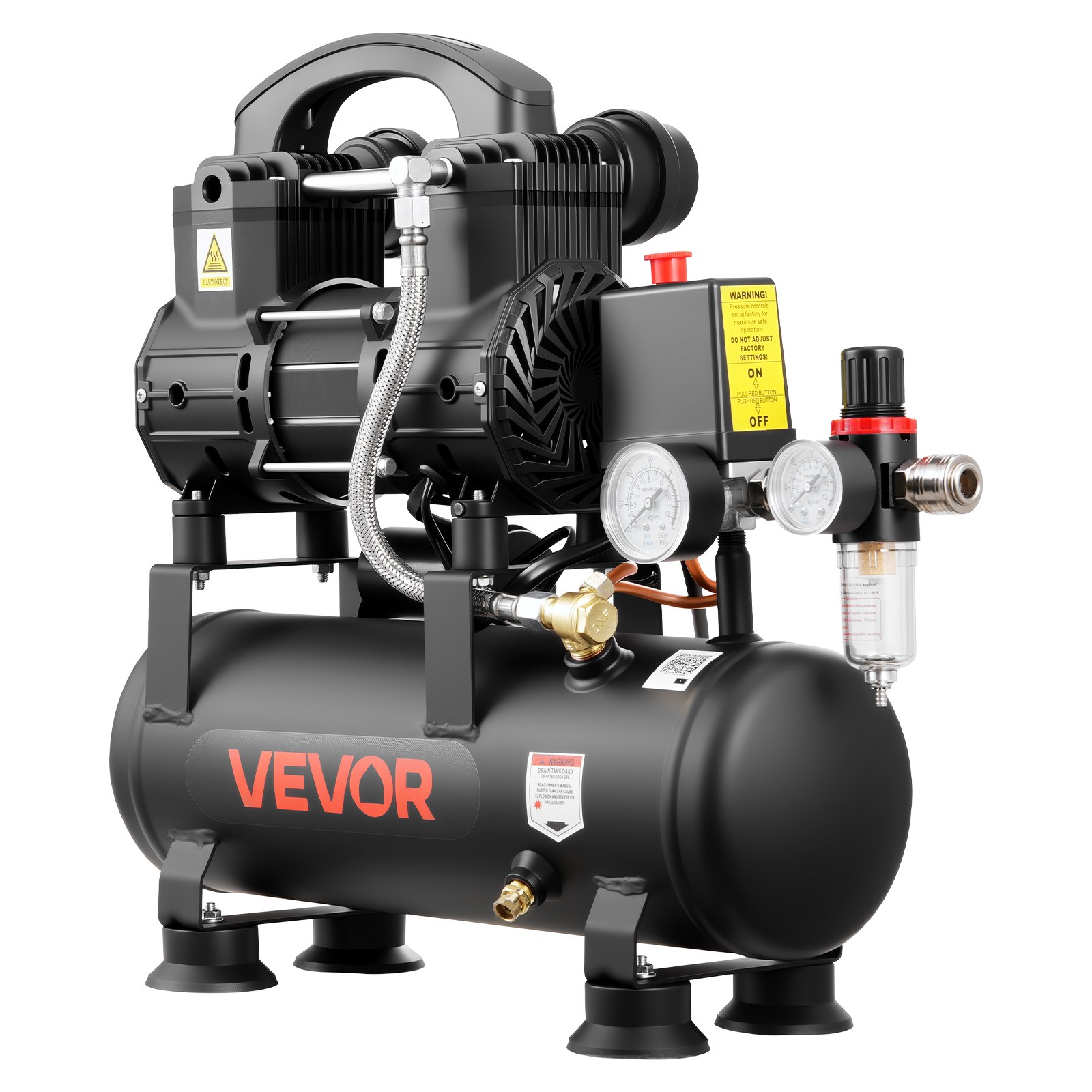 VEVOR Compresor de Aire Portátil con Depósito 6 L sin Aceite, Motor de 0,75 kW, 71 L/min a 6,2 bar, Presión Máxima 8 bar, con Ruedas para Garaje, Inflado, Reparación, Taller y Herramientas Neumáticas