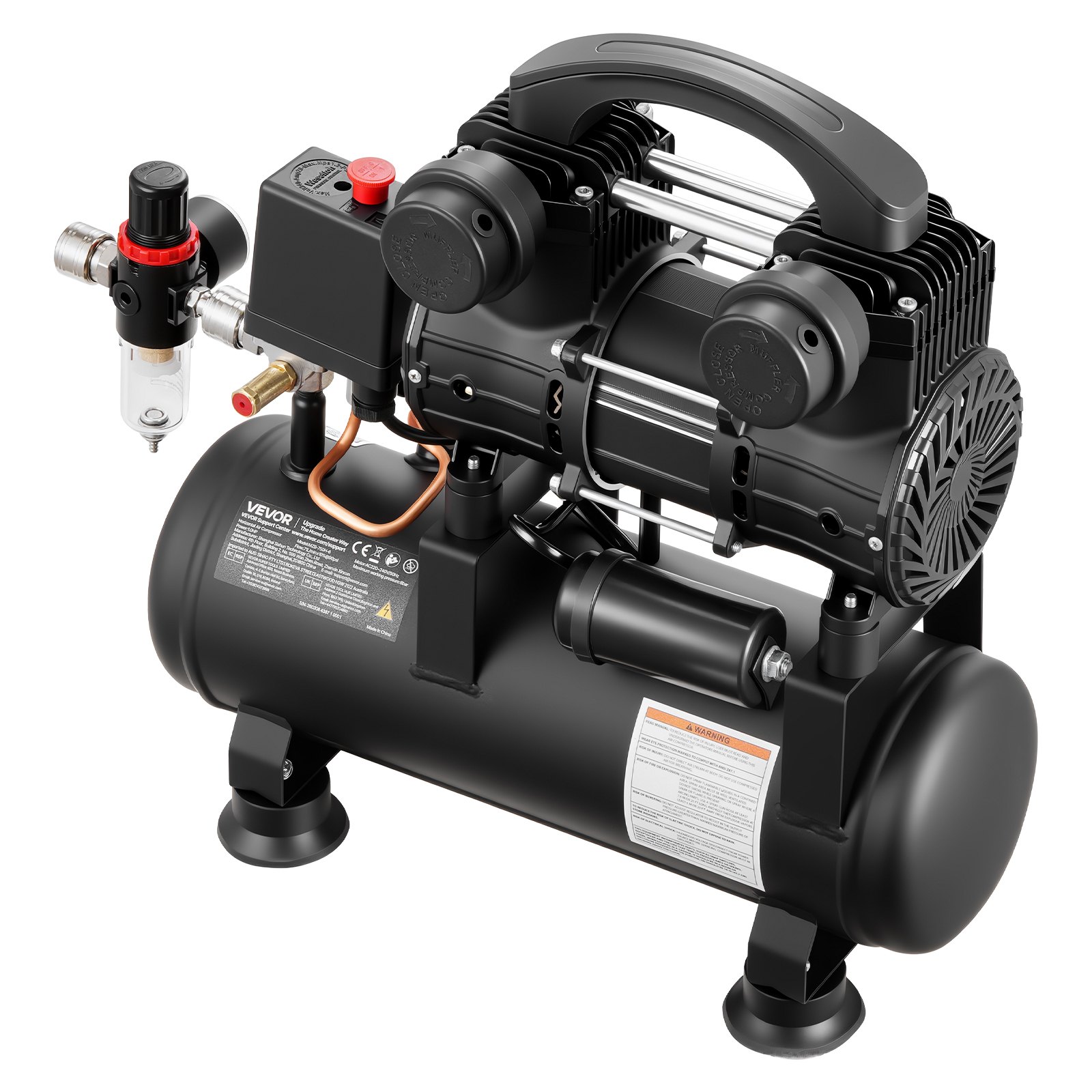 VEVOR Compresor de Aire Portátil con Depósito 6 L sin Aceite, Motor de 0,75 kW, 71 L/min a 6,2 bar, Presión Máxima 8 bar, con Ruedas para Garaje, Inflado, Reparación, Taller y Herramientas Neumáticas