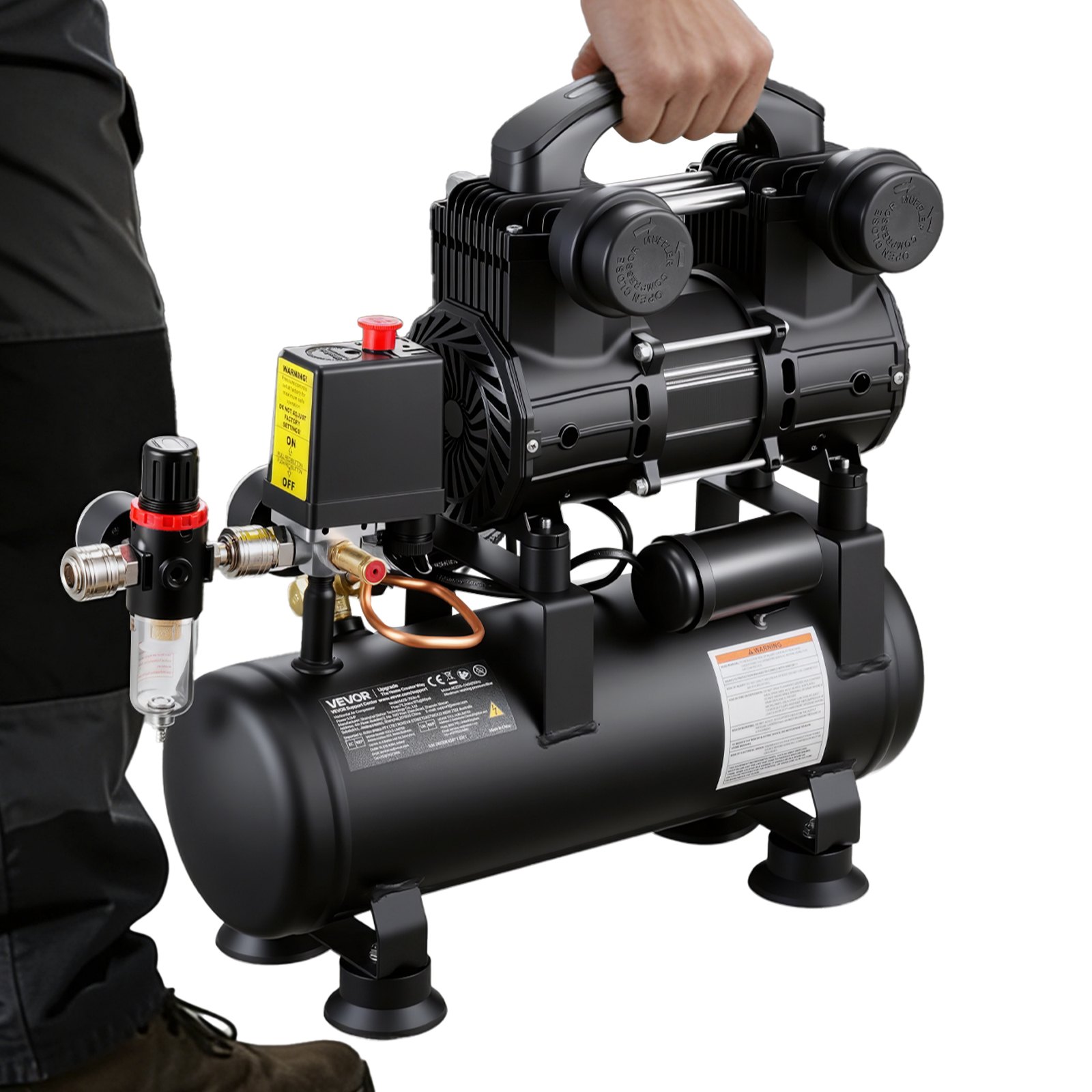 VEVOR Compresor de Aire Portátil con Depósito 6 L sin Aceite, Motor de 0,75 kW, 71 L/min a 6,2 bar, Presión Máxima 8 bar, con Ruedas para Garaje, Inflado, Reparación, Taller y Herramientas Neumáticas