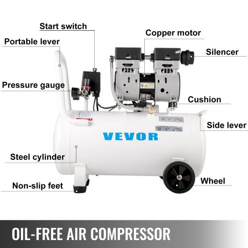 VEVOR Compresor de Aire Ultra Silencioso 50L Compresor de aire ultra silencioso 750W Compresor de Aire Silencioso de Tanque 230V 50Hz 68dB Compresor