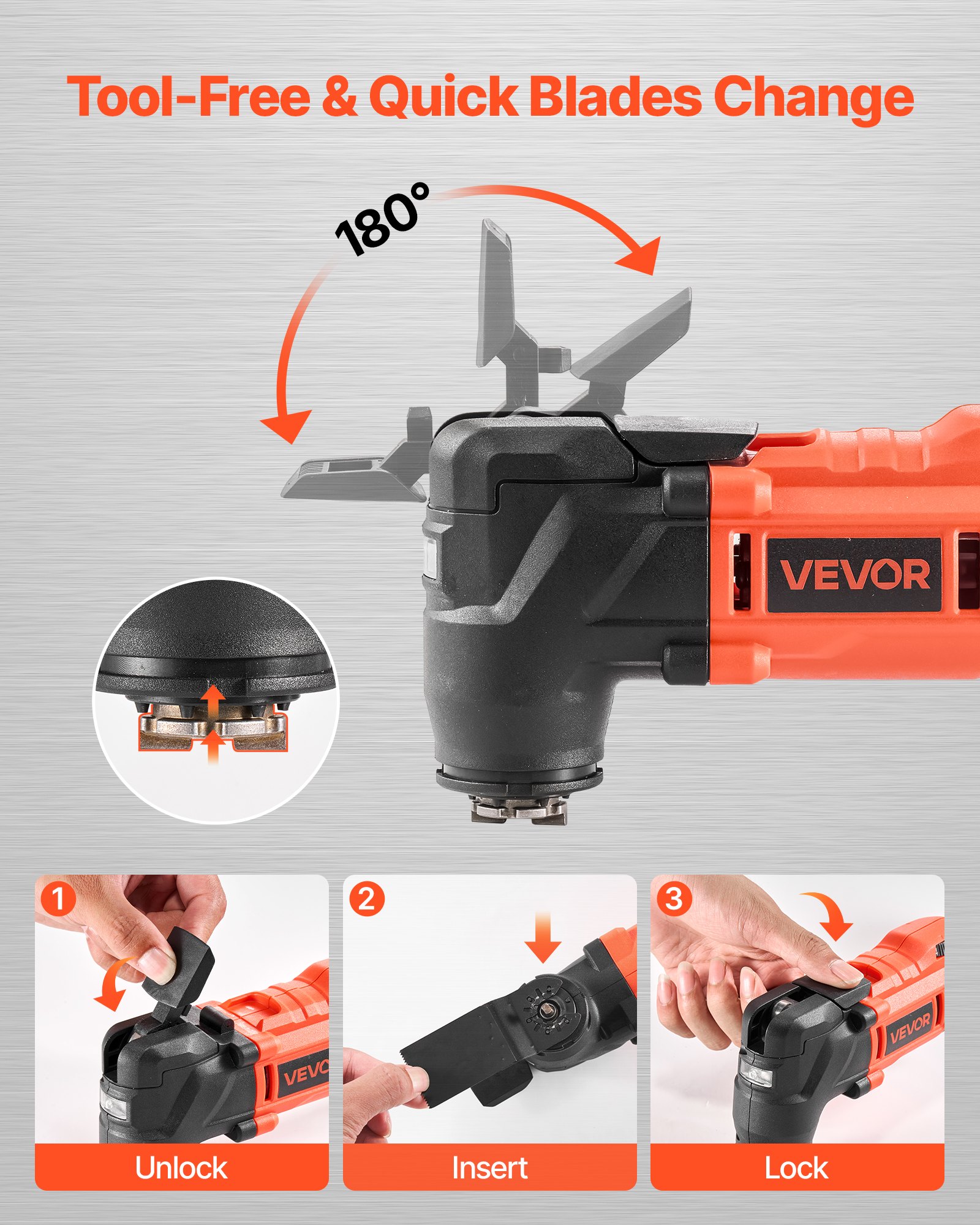 VEVOR Herramienta Multiusos Inalámbrica, con 6 Velocidades Variables de 8500 a 17000 OPM, Ángulo de Oscilación 3,2°, Batería 2,0 Ah y Cargador, 12 Accesorios de Sierra y LED, 330 x 150 x 80 mm