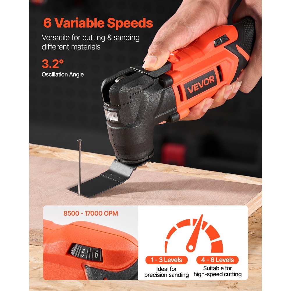 VEVOR Herramienta Oscilante Inalámbrica con 6 Velocidades Variables de 8500-17000 OPM, Ángulo de Oscilación de 3,2 °, 8 Accesorios de Sierra y Luz de Trabajo LED sin Batería, 290 x 114 x 72 mm
