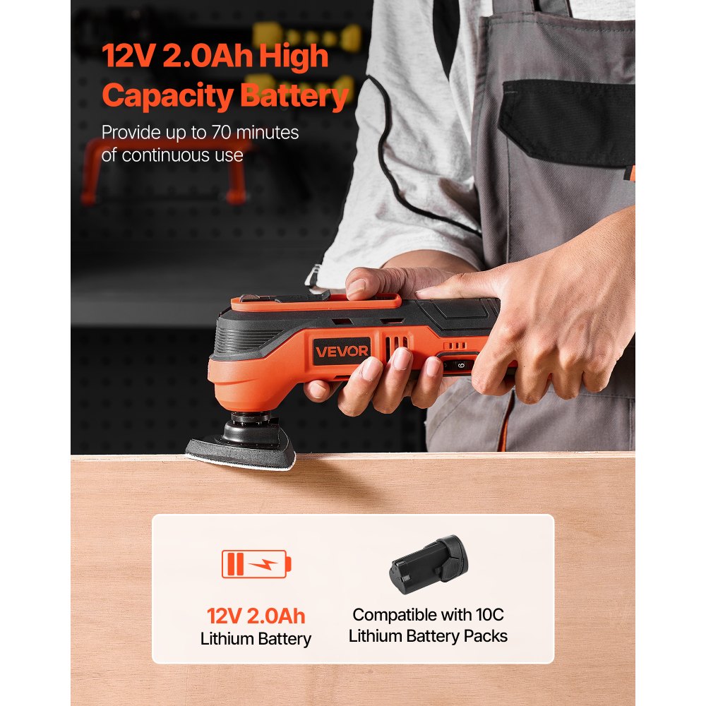 VEVOR Herramienta Oscilante Inalámbrica, con 6 Velocidades 6000-17500 OPM, Ángulo de Oscilación 3,2°, Batería 2,0 Ah y Cargador, 8 Accesorios de Sierra y Luz de Trabajo LED, 270 x 100 x 55 mm