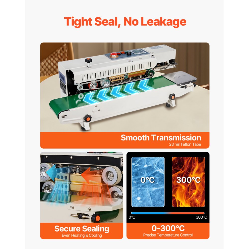 VEVOR Continuous Bag Sealing Machine, 0.24-0.47 inch/6-12 mm Sealing Width, Horizontal Band Sealing Machine with Digital Temperature Control, Bag Sealer for 0.02-0.8 mm Plastic Bags, Inflation Function