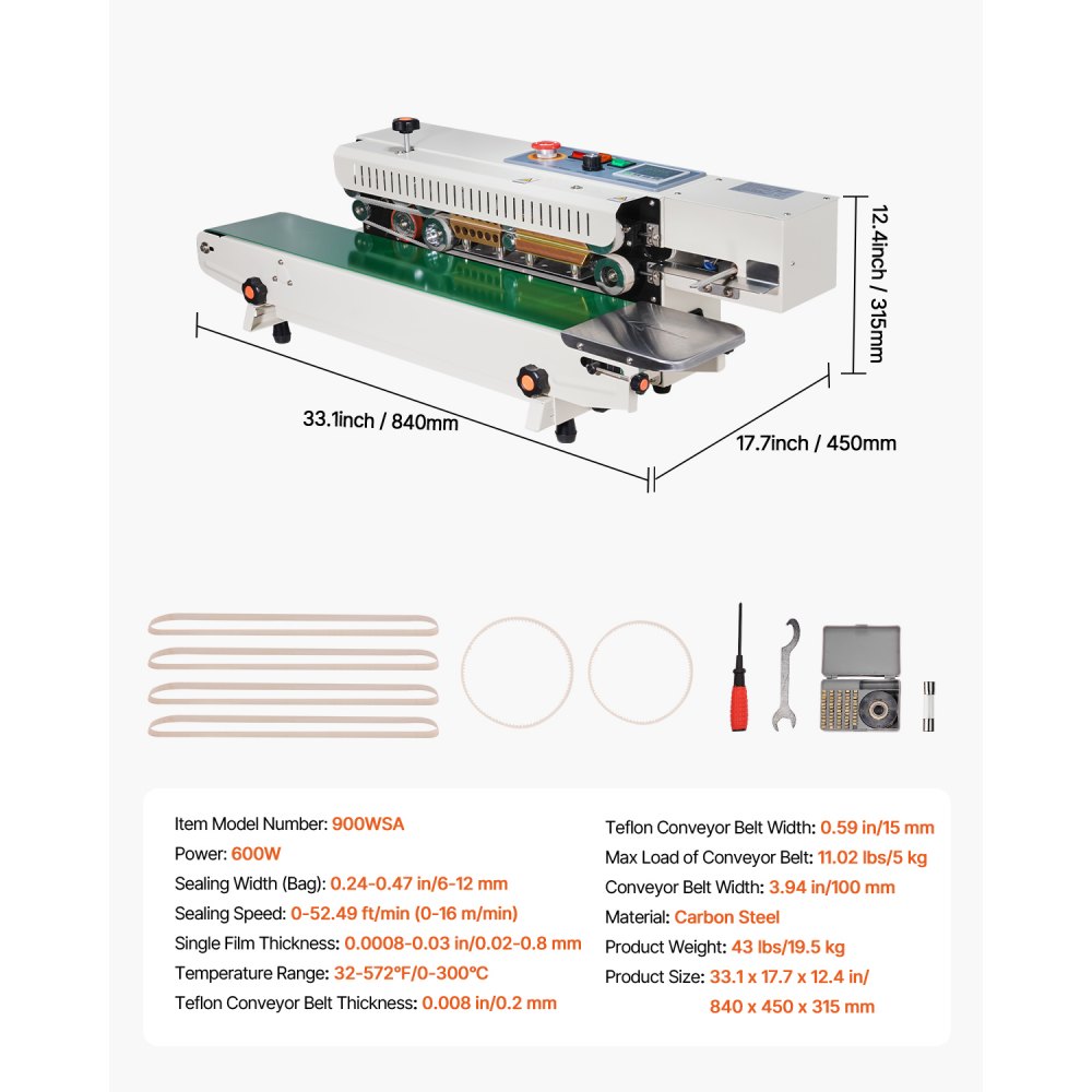 VEVOR Continuous Bag Sealing Machine, 0.24-0.47 inch/6-12 mm Sealing Width, Horizontal Band Sealing Machine with Digital Temperature Control, Bag Sealer for 0.02-0.8 mm Plastic Bags, Inflation Function