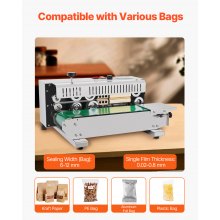 VEVOR Selladora Continua de Acero Inoxidable de Bolsas de Banda Ancho de Sellado de 6-12 mm, Sellador Horizontal con Control de Temperatura Digital para Película de Bolsa de Plástico de 0,02-0,8 mm