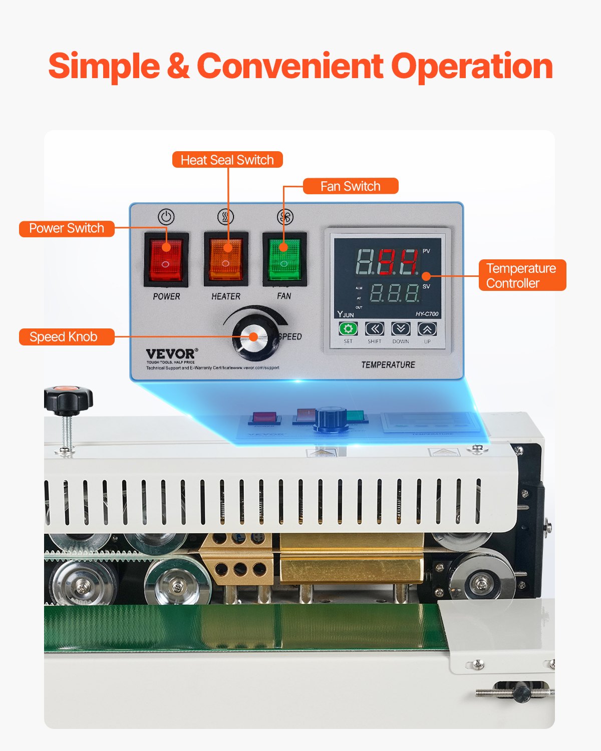 VEVOR Selladora de Bolsas Continua de Banda de Acero al Carbono, Ancho de Sellado de 6-12 mm, Selladora de Banda Horizontal con Control de Temperatura Digital para Películas de Plástico de 0,02-0,8mm