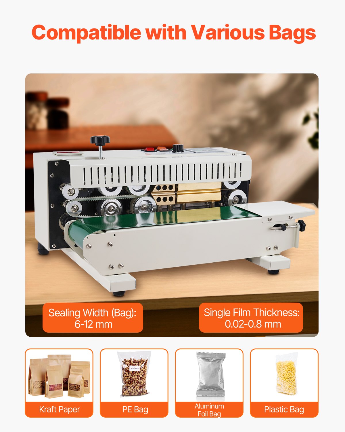 VEVOR Selladora Continua de Bolsa de Banda Ancho de Sellado de 6-12 mm, Sellador Horizontal con Control de Temperatura Digital para Película de Bolsa de Plástico de 0,02-0,8 mm con Función de Conteo