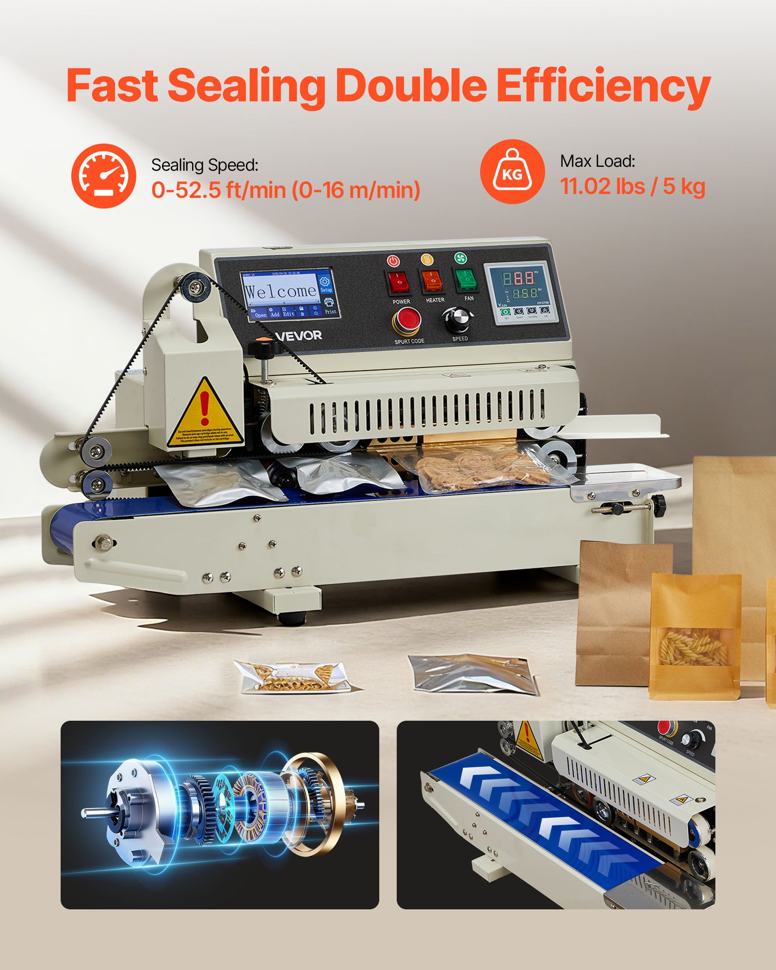 VEVOR Máquina de Sellado Continuo Horizontal Ancho de Sellado 6-12 mm, Selladora de Banda con Impresión de Tinta, Temperatura y Velocidad Ajustables, Envasadora para Bolsas de Plástico 0,03-0,8 mm