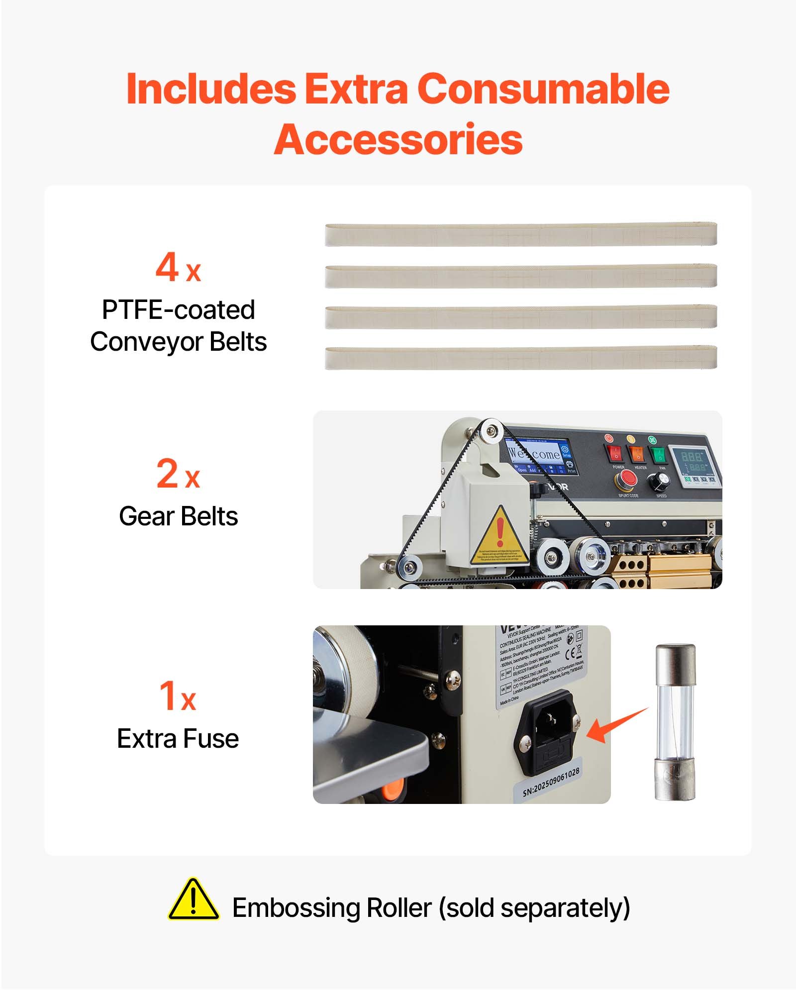 VEVOR Máquina de Sellado Continuo Horizontal Ancho de Sellado 6-12 mm, Selladora de Banda con Impresión de Tinta, Temperatura y Velocidad Ajustables, Envasadora para Bolsas de Plástico 0,03-0,8 mm