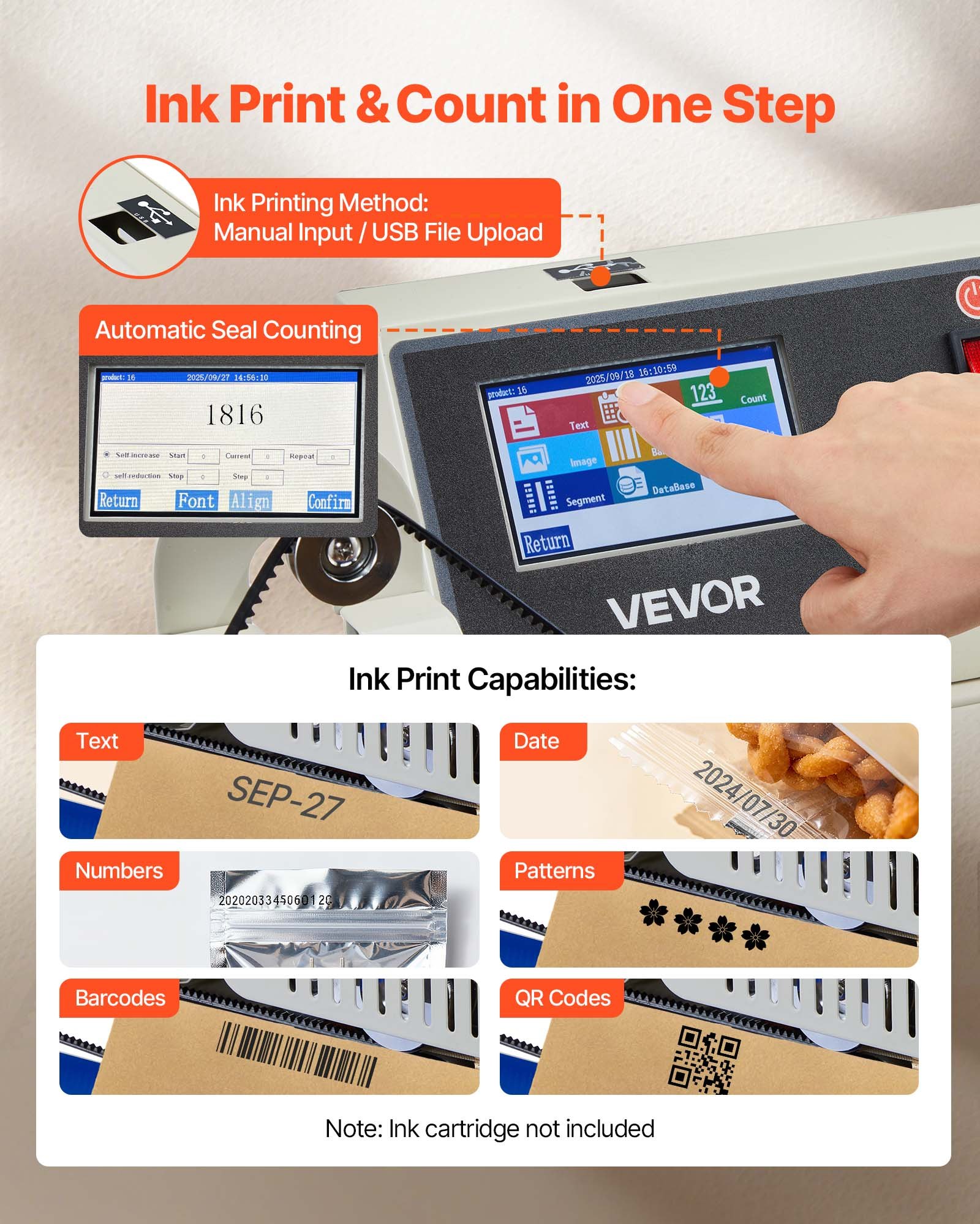 VEVOR Máquina de Sellado Continuo Horizontal Ancho de Sellado 6-12 mm, Selladora de Banda con Impresión de Tinta, Temperatura y Velocidad Ajustables, Envasadora para Bolsas de Plástico 0,03-0,8 mm