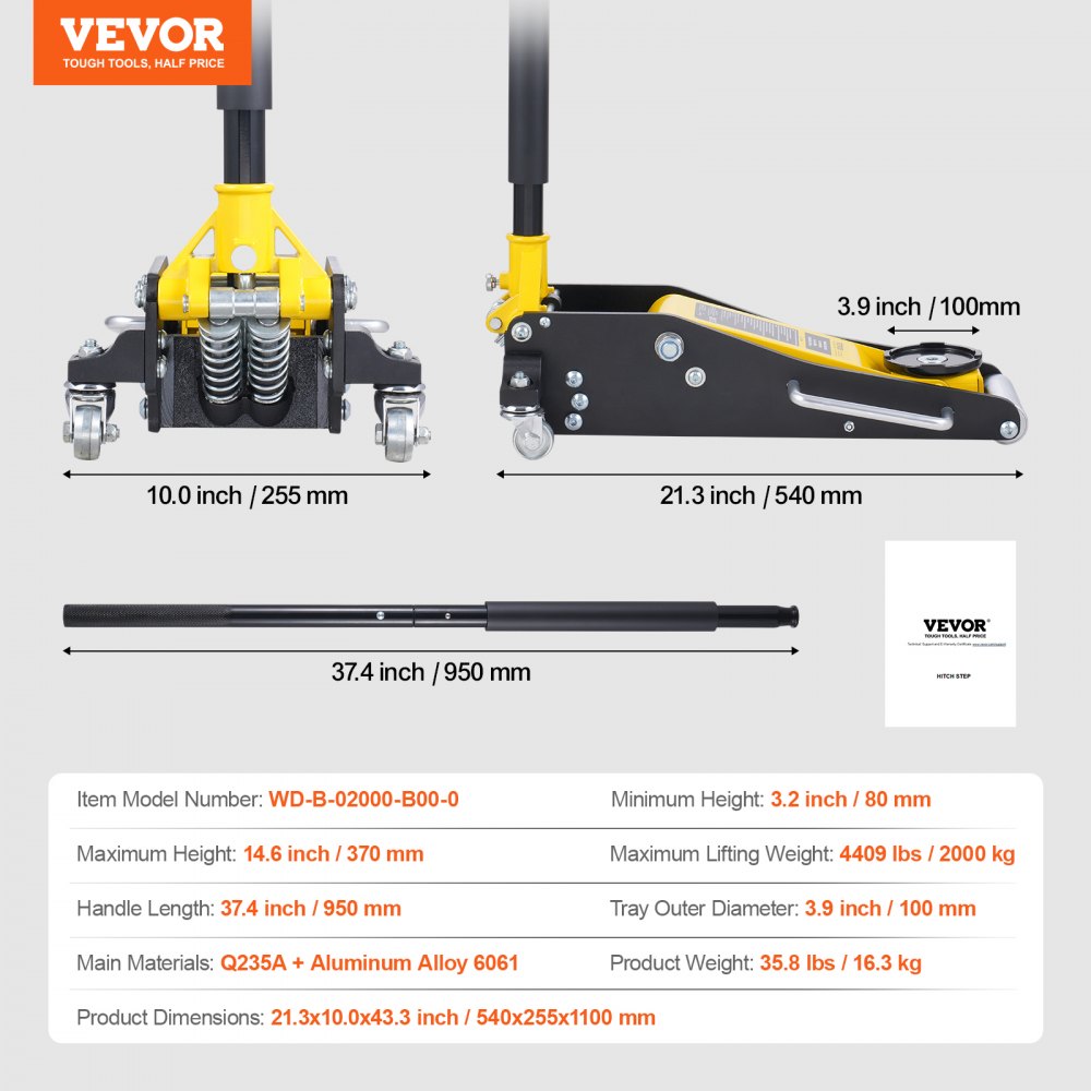 Gato hidráulico de piso de perfil bajo VEVOR de 2 toneladas (4400 lb), de aluminio resistente, para carreras, con bomba de elevación rápida de doble pistón, rango de elevación de altura de 3,2 a 14,6 pulgadas (amarillo)