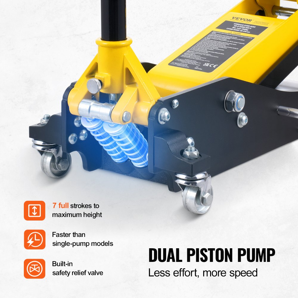 Gato hidráulico de piso de perfil bajo VEVOR de 2 toneladas (4400 lb), de aluminio resistente, para carreras, con bomba de elevación rápida de doble pistón, rango de elevación de altura de 3,2 a 14,6 pulgadas (amarillo)
