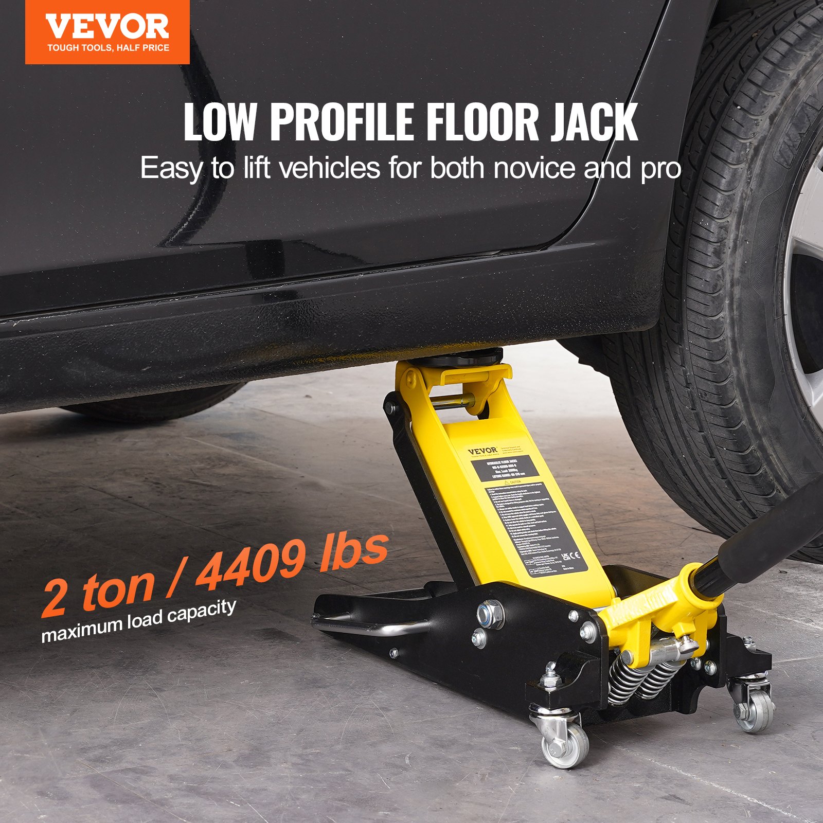 Gato hidráulico de piso de perfil bajo VEVOR de 2 toneladas (4400 lb), de aluminio resistente, para carreras, con bomba de elevación rápida de doble pistón, rango de elevación de altura de 3,2 a 14,6 pulgadas (amarillo)