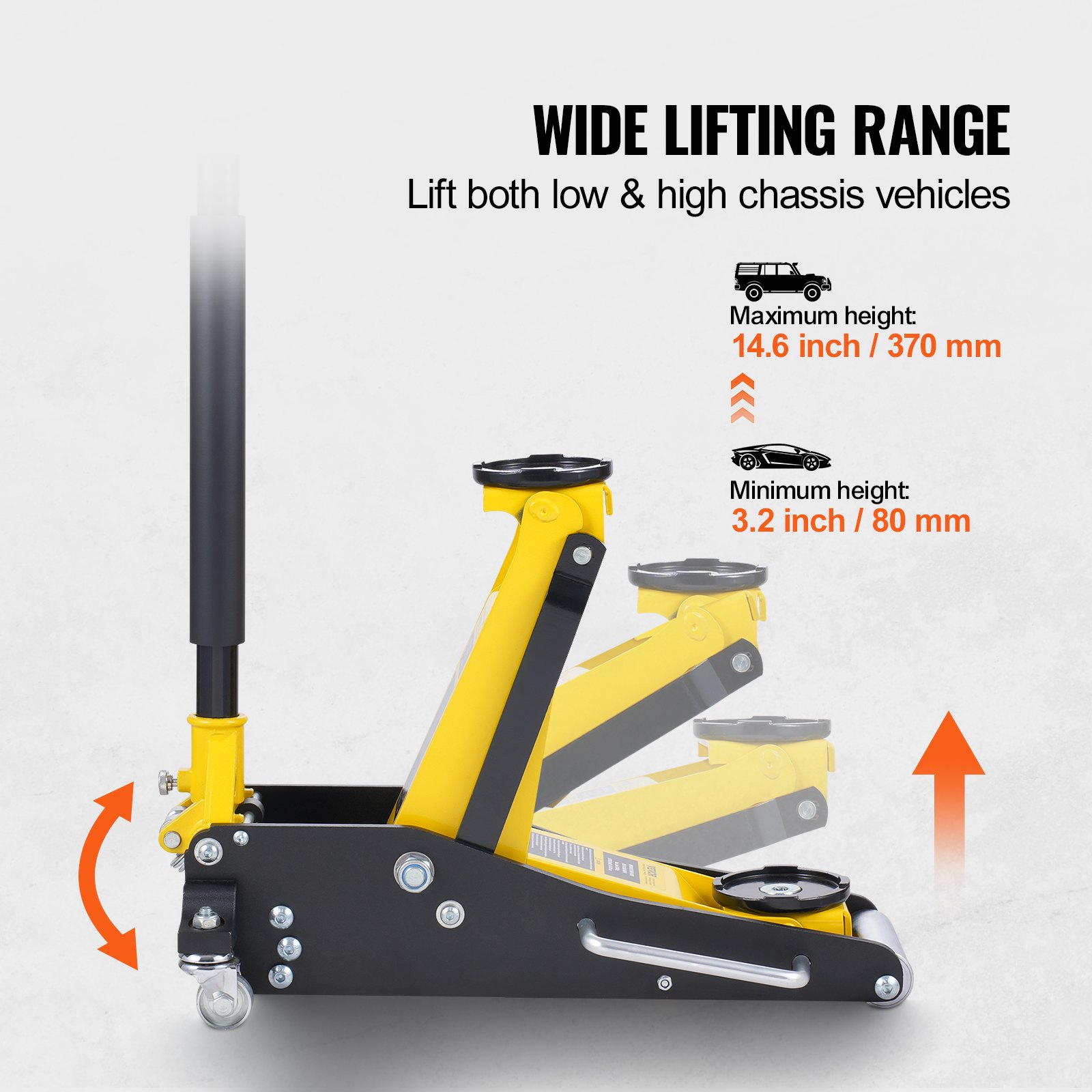 Gato hidráulico de piso de perfil bajo VEVOR de 2 toneladas (4400 lb), de aluminio resistente, para carreras, con bomba de elevación rápida de doble pistón, rango de elevación de altura de 3,2 a 14,6 pulgadas (amarillo)
