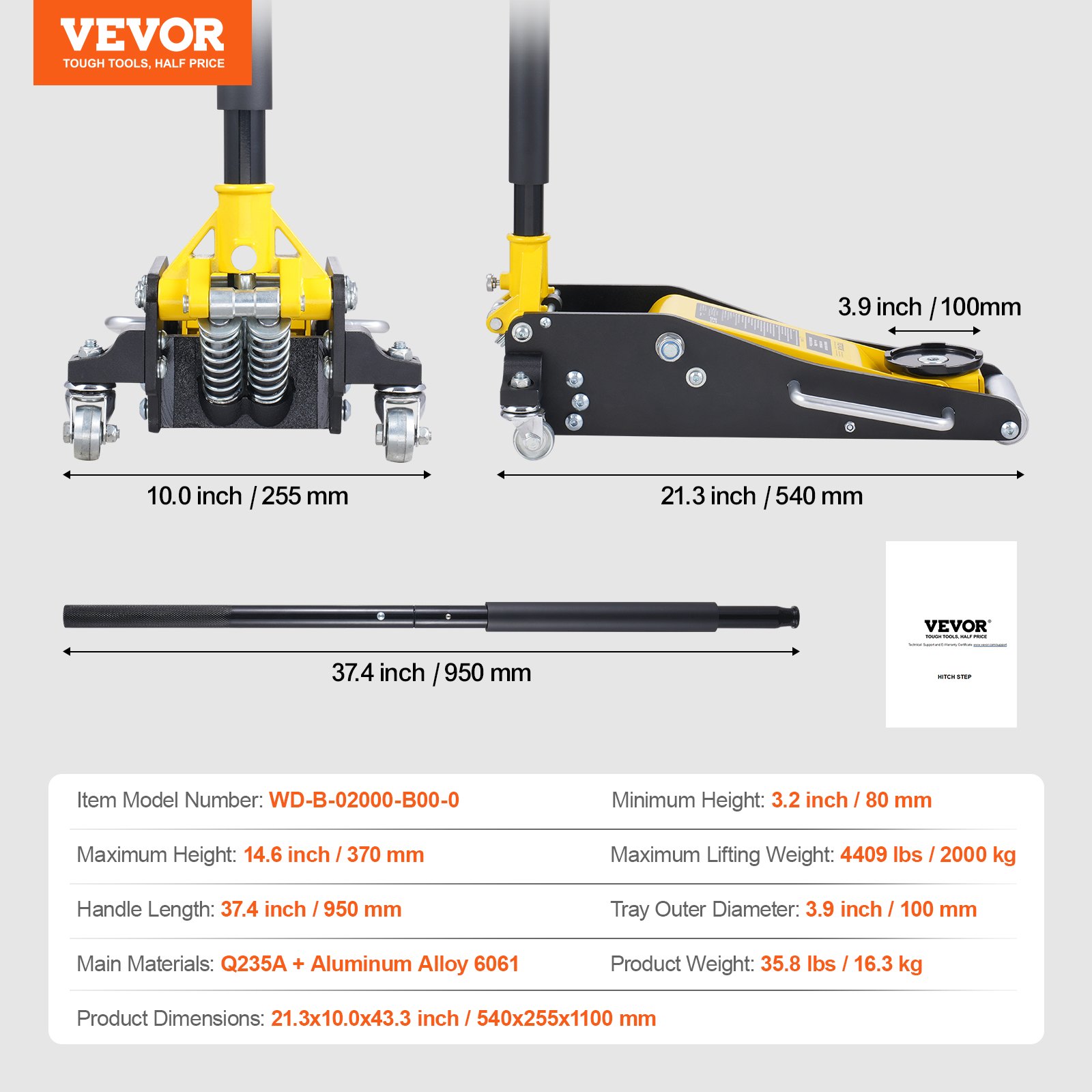 Gato hidráulico de piso de perfil bajo VEVOR de 2 toneladas (4400 lb), de aluminio resistente, para carreras, con bomba de elevación rápida de doble pistón, rango de elevación de altura de 3,2 a 14,6 pulgadas (amarillo)