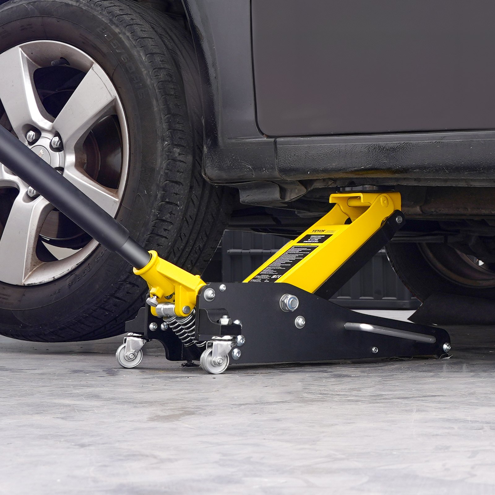 Gato hidráulico de piso de perfil bajo VEVOR de 2 toneladas (4400 lb), de aluminio resistente, para carreras, con bomba de elevación rápida de doble pistón, rango de elevación de altura de 3,2 a 14,6 pulgadas (amarillo)