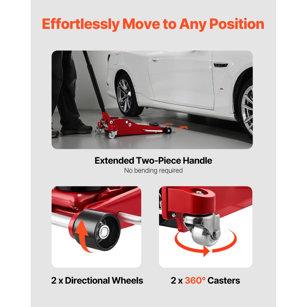 VEVOR Gato de Perfil Bajo Capacidad de 3 t, Gato Hidráulico con Bomba de Elevación Rápida de Pistón Doble, Rango de Elevación 85-515 mm, para Autos Deportivos, SUV, Camionetas, Vehículos, Rojo