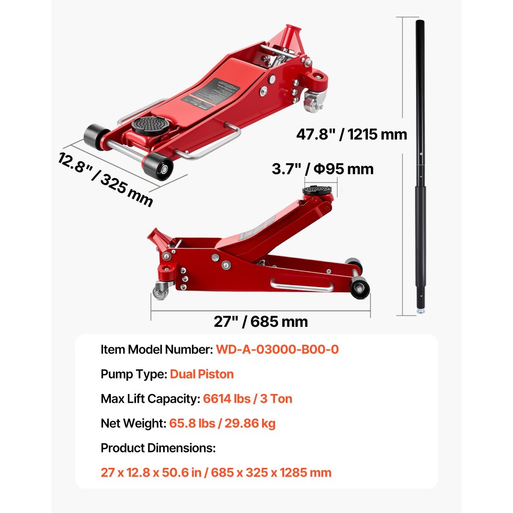 VEVOR Gato de Perfil Bajo Capacidad de 3 t, Gato Hidráulico con Bomba de Elevación Rápida de Pistón Doble, Rango de Elevación 85-515 mm, para Autos Deportivos, SUV, Camionetas, Vehículos, Rojo