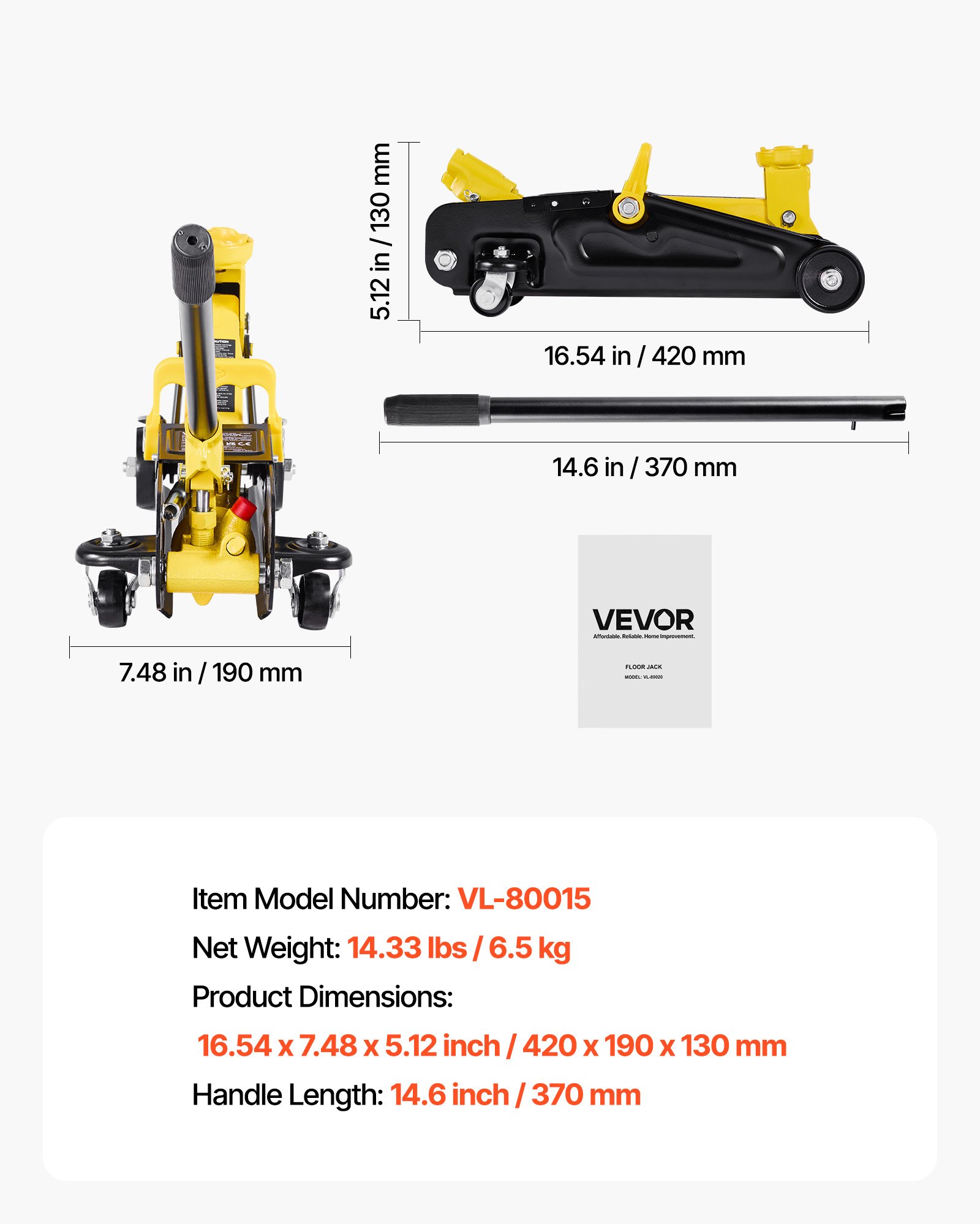 VEVOR Gato Hidráulico de Perfil Bajo Capacidad de Carga de 1,5 T, Gato de Acero para Coches, Bomba de Elevación Rápida de Un Solo Pistón, Rango de Elevación 130-310 mm, para Automóviles, Vehículos