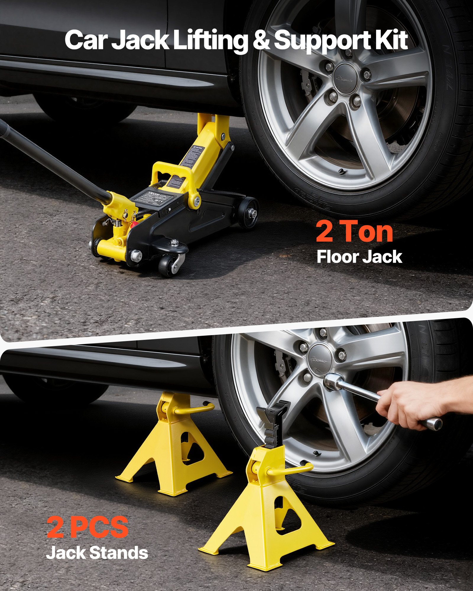 VEVOR Gato Hidráulico de Perfil Bajo Capacidad de 2 T, Gato de Acero para Coches con Soportes, Bomba de Elevación Rápida de Un Solo Pistón, Rango de Elevación 130-310 mm, para Automóviles, Vehículos