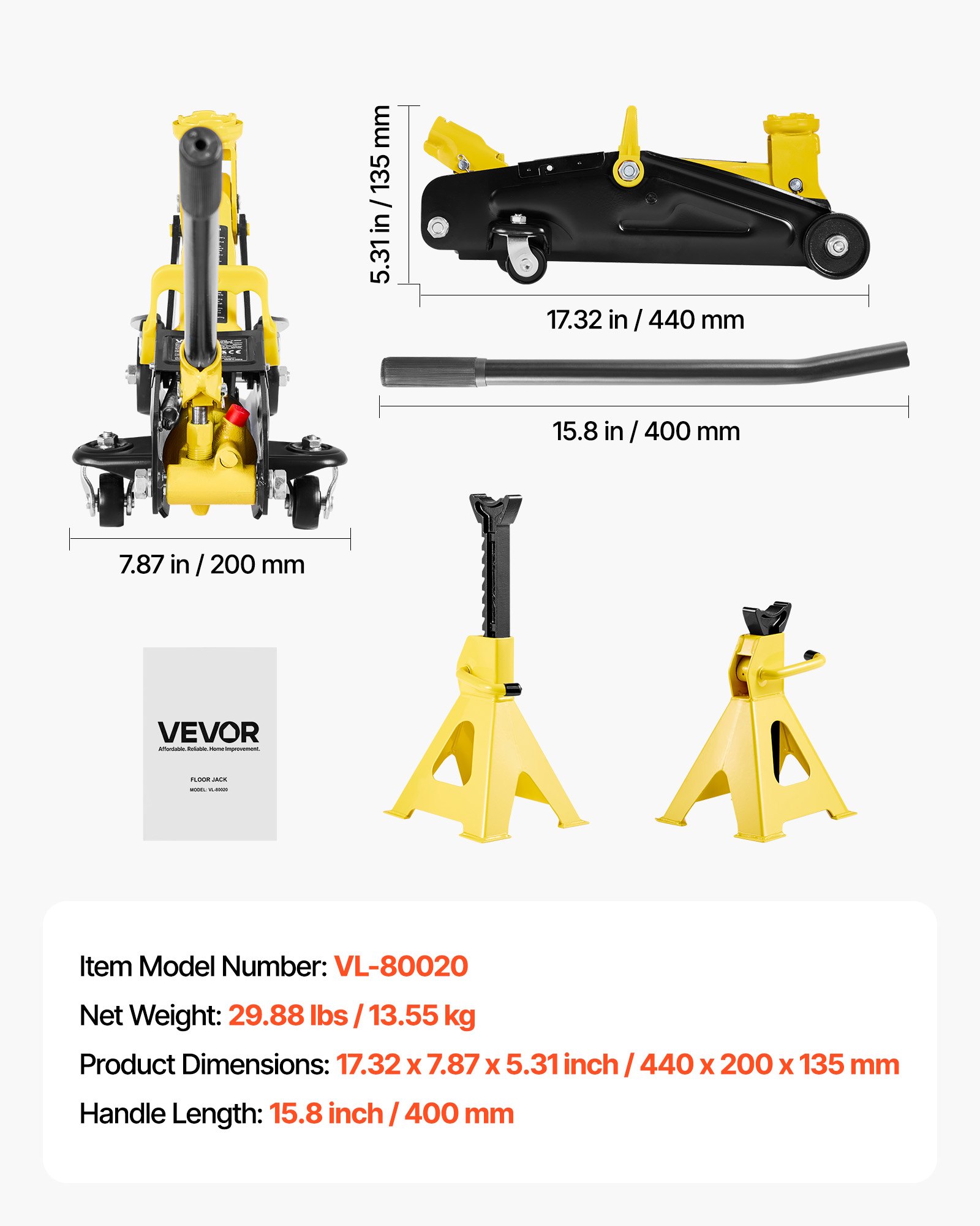 VEVOR Gato Hidráulico de Perfil Bajo Capacidad de 2 T, Gato de Acero para Coches con Soportes, Bomba de Elevación Rápida de Un Solo Pistón, Rango de Elevación 130-310 mm, para Automóviles, Vehículos