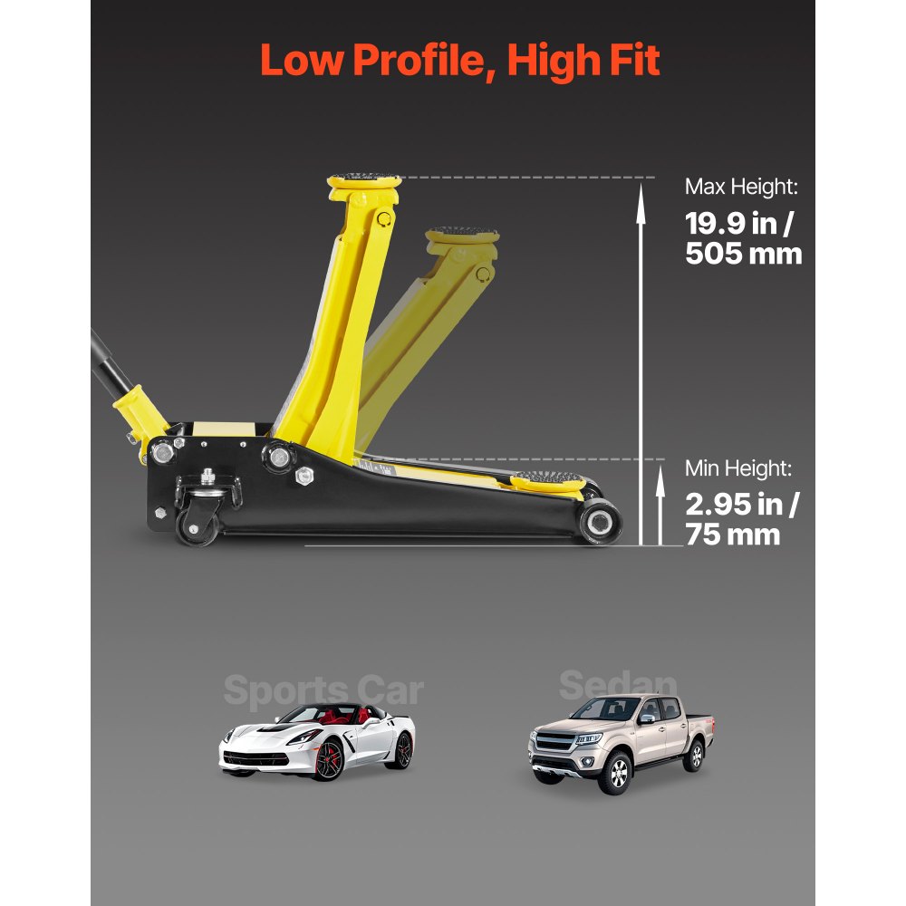 VEVOR Gato Hidráulico de Perfil Bajo Capacidad de 2 T, Gato de Acero para Coches con Bomba de Doble Pistón, Rango de Elevación de 75 a 505 mm, para Automóviles, Vehículos, Autos Deportivos, Camiones
