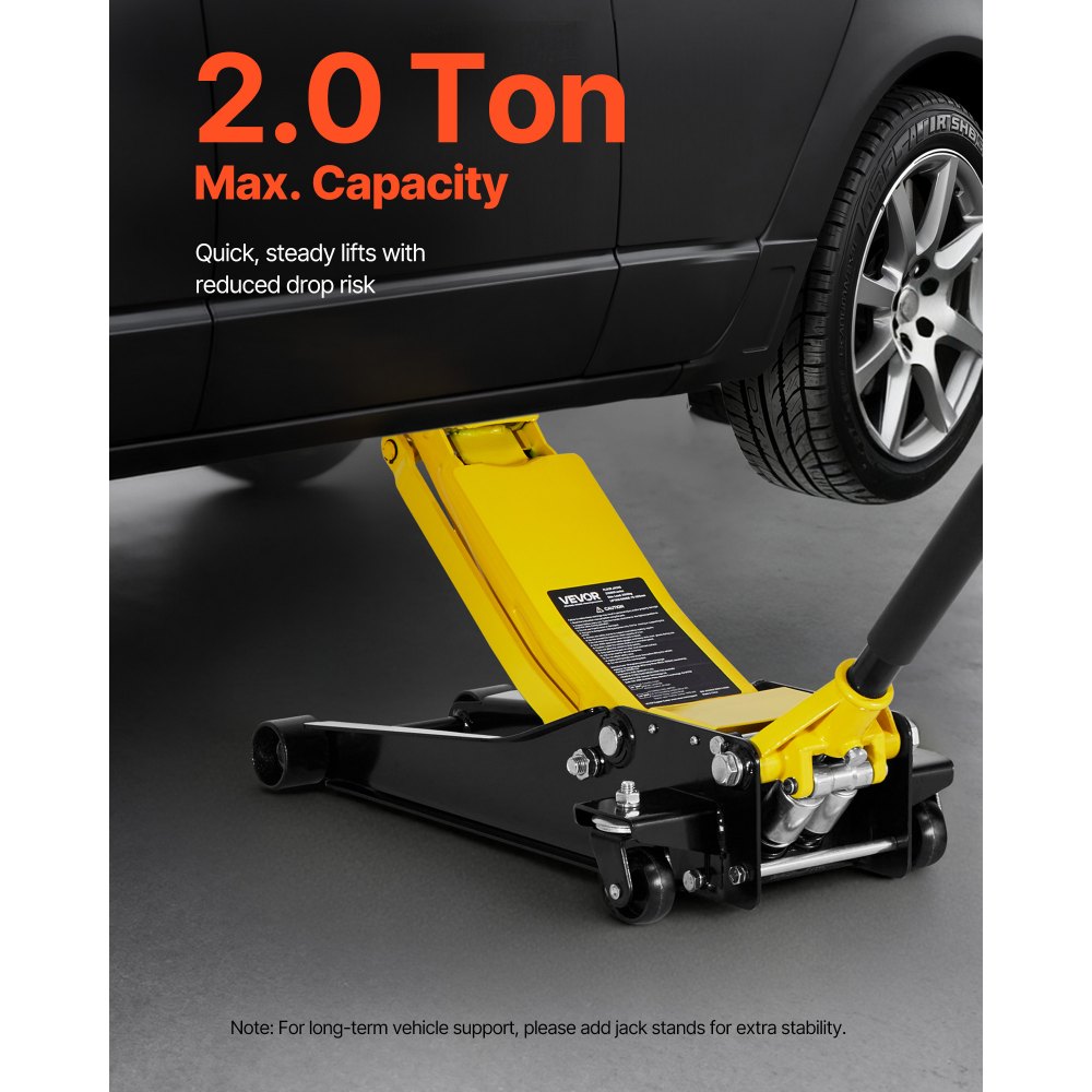 VEVOR Gato Hidráulico de Perfil Bajo Capacidad de 2 T, Gato de Acero para Coches con Bomba de Doble Pistón, Rango de Elevación de 75 a 505 mm, para Automóviles, Vehículos, Autos Deportivos, Camiones