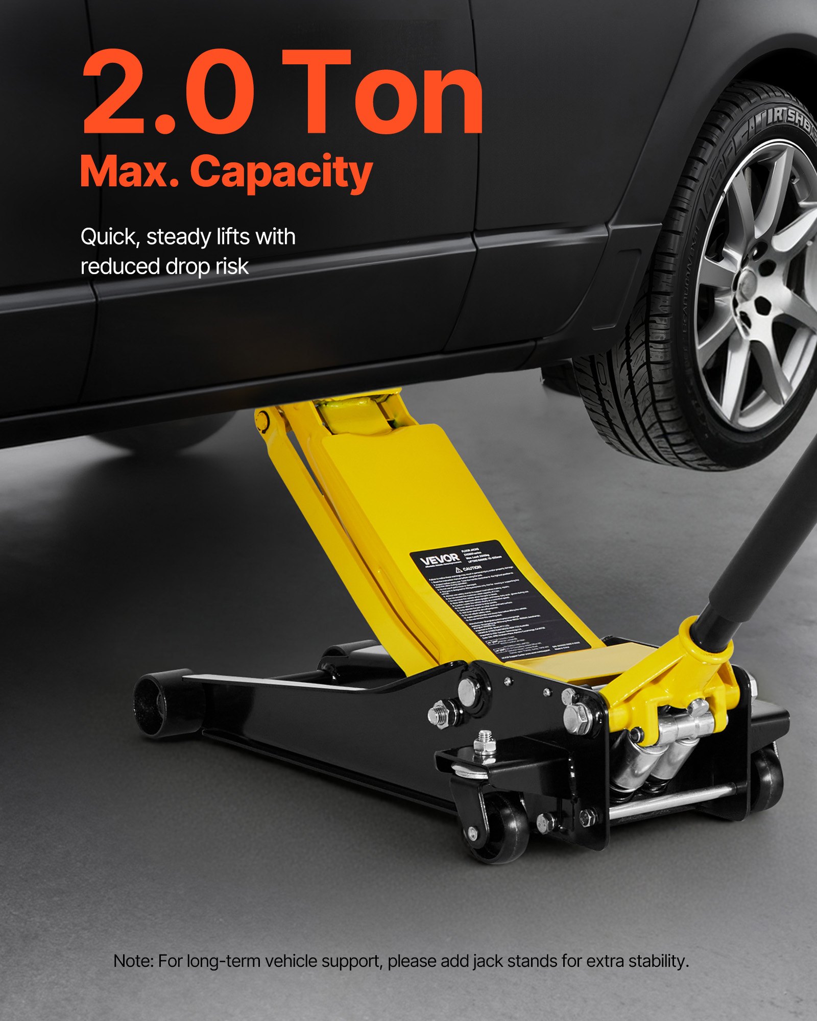 VEVOR Gato Hidráulico de Perfil Bajo Capacidad de 2 T, Gato de Acero para Coches con Bomba de Doble Pistón, Rango de Elevación de 75 a 505 mm, para Automóviles, Vehículos, Autos Deportivos, Camiones