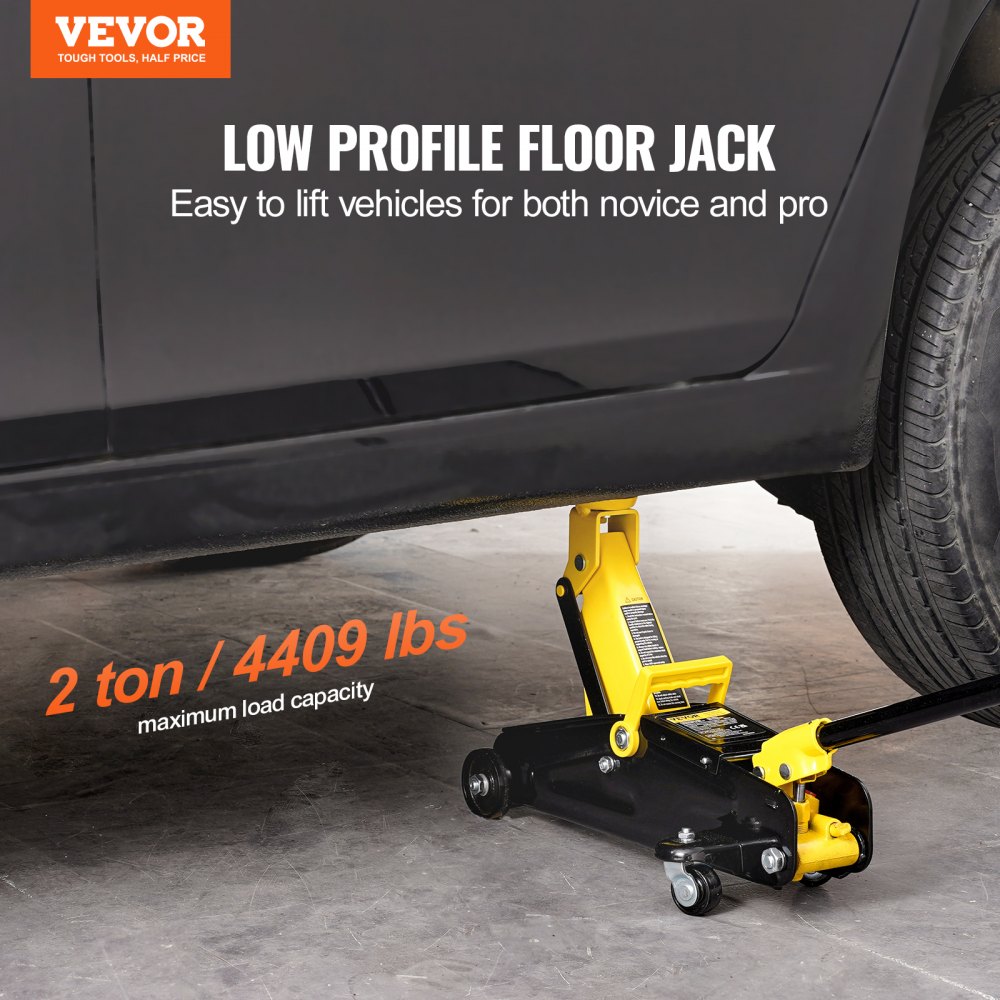 VEVOR hydraulic trolley jack, low-profile 2-ton capacity, robust iron hydraulic jack with single-piston rapid-lift pump, yellow, 125.2-335 mm