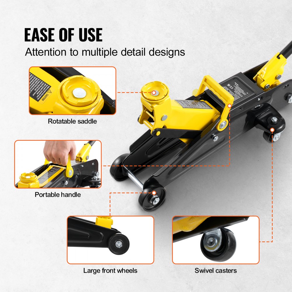 VEVOR hydraulic trolley jack, low-profile 2-ton capacity, robust iron hydraulic jack with single-piston rapid-lift pump, yellow, 125.2-335 mm