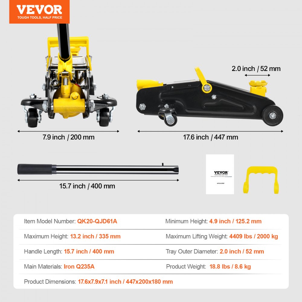 VEVOR hydraulic trolley jack, low-profile 2-ton capacity, robust iron hydraulic jack with single-piston rapid-lift pump, yellow, 125.2-335 mm