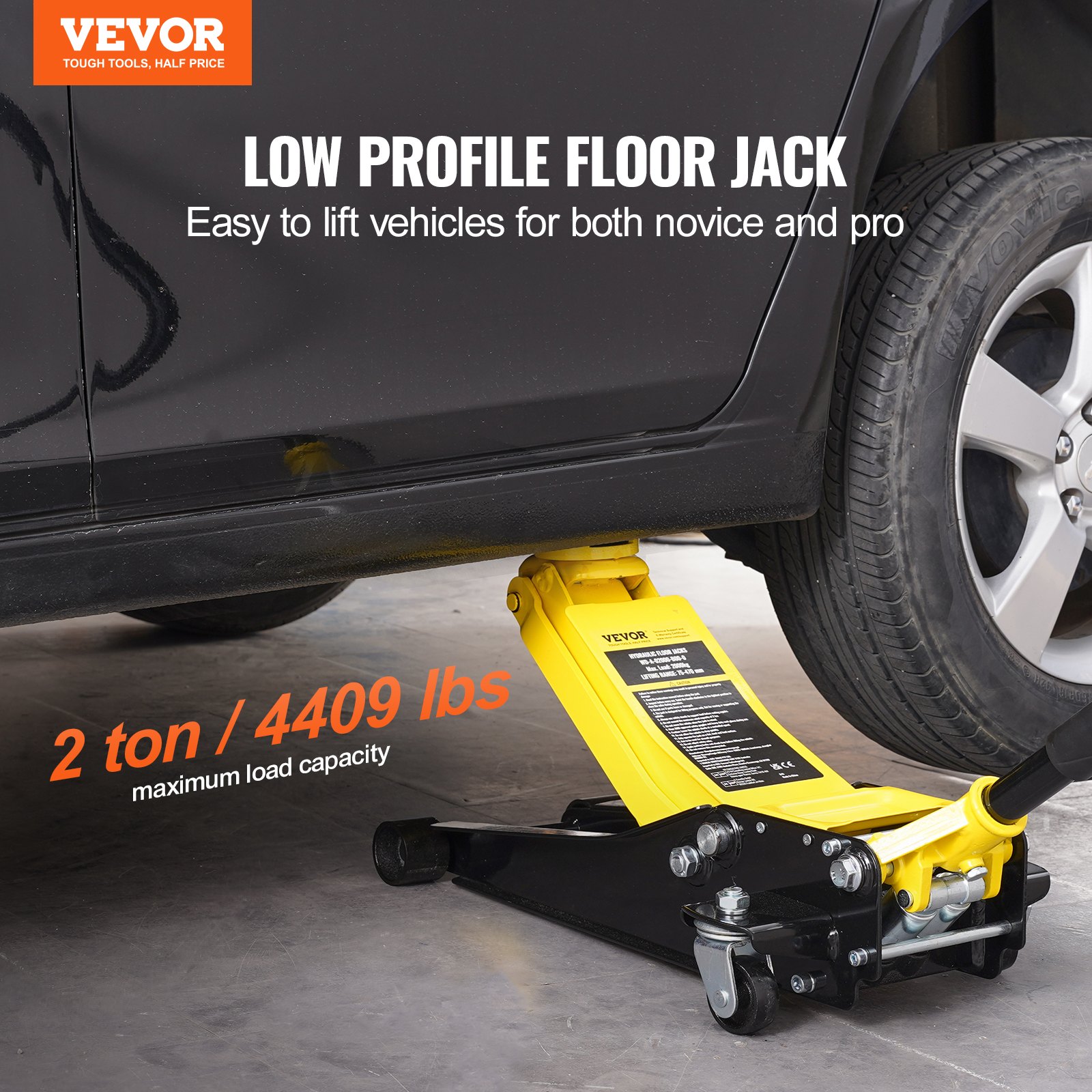Gato hidráulico de piso de perfil bajo VEVOR de 2 toneladas (4400 lb), de hierro resistente, para carreras, para automóvil, con bomba de elevación rápida de doble pistón, rango de elevación de 3 a 18,5 pulgadas (amarillo)