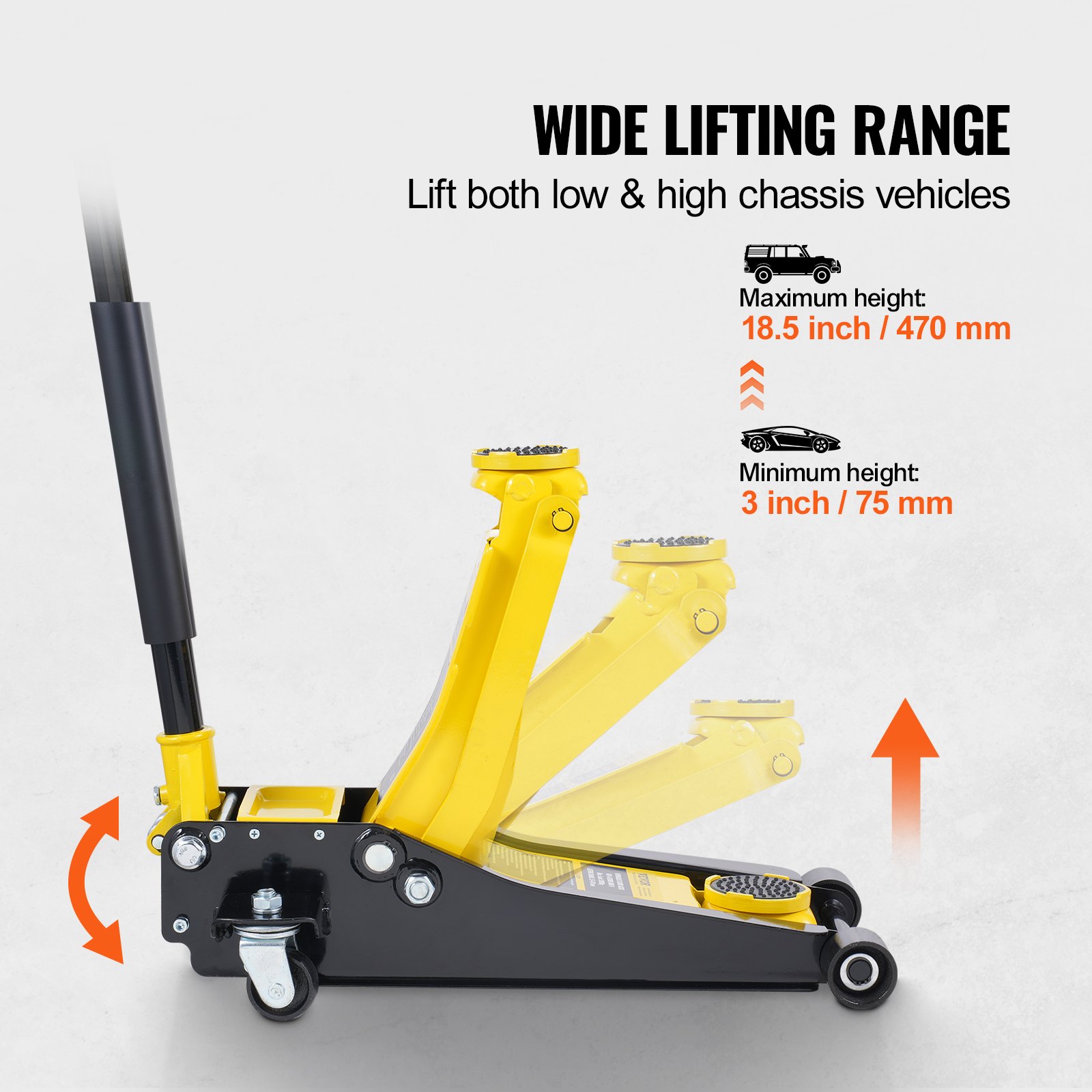 Gato hidráulico de piso de perfil bajo VEVOR de 2 toneladas (4400 lb), de hierro resistente, para carreras, para automóvil, con bomba de elevación rápida de doble pistón, rango de elevación de 3 a 18,5 pulgadas (amarillo)