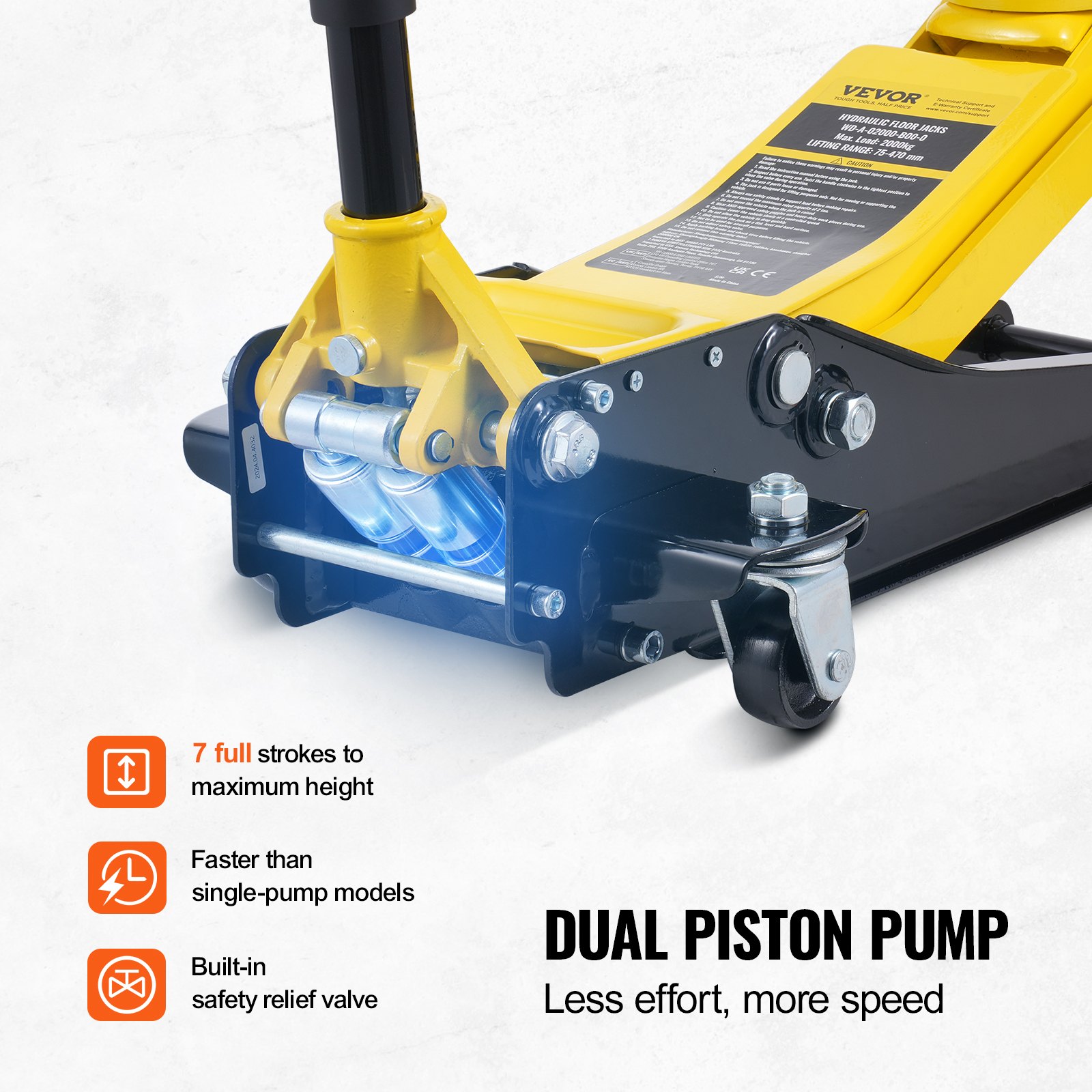 Gato hidráulico de piso de perfil bajo VEVOR de 2 toneladas (4400 lb), de hierro resistente, para carreras, para automóvil, con bomba de elevación rápida de doble pistón, rango de elevación de 3 a 18,5 pulgadas (amarillo)