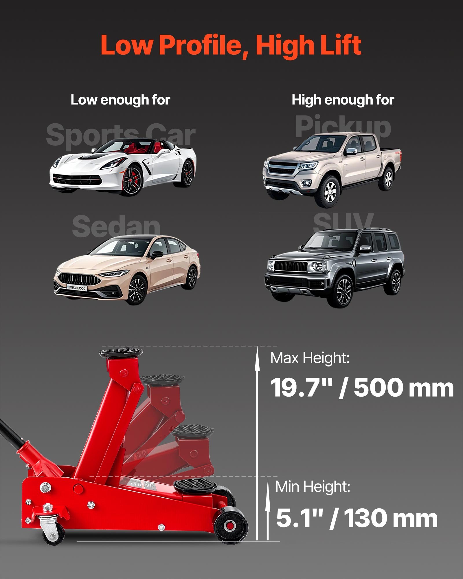 VEVOR Gato de Perfil Bajo Capacidad de 3 t, Gato Hidráulico con Bomba de Elevación Rápida de Un Solo Pistón, Rango de Elevación 130-500 mm, para Autos Deportivos, SUV, Camionetas, Vehículos, Rojo