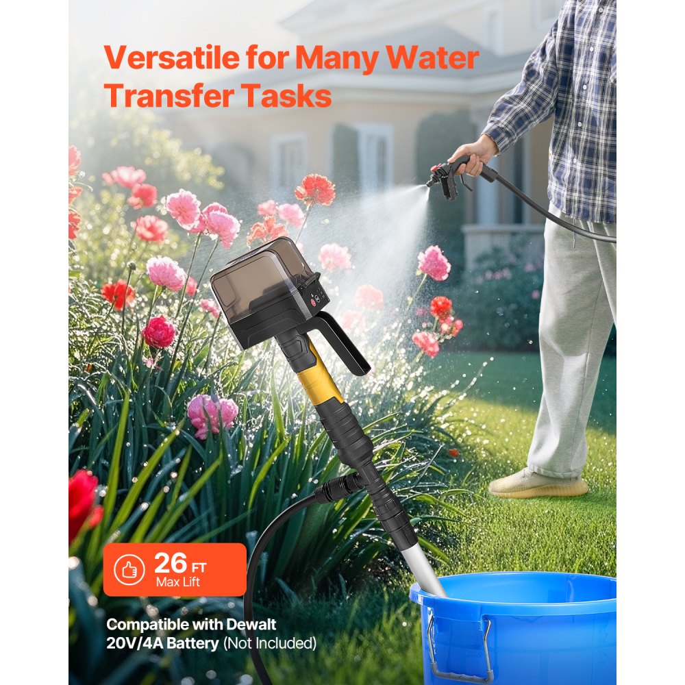 VEVOR Bomba de Transferencia de Agua Inalámbrica 528 GPH, Bomba de Sumidero Portátil con Manguera de Jardín NPT3/4", Compatible con Batería Dewalt 20V MAX (sin batería) para Piscina, Jardín, Estanque