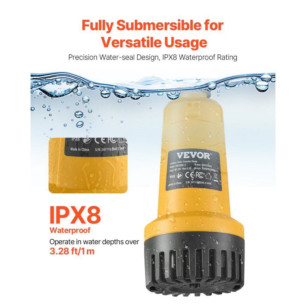 VEVOR Bomba de Transferencia de Agua Sumergible Inalámbrica 528 GPH, Bomba de Sumidero Portátil con Manguera G3/4", Compatible con Batería Dewalt 20V MAX (sin batería) para Piscina, Jardín, Estanque