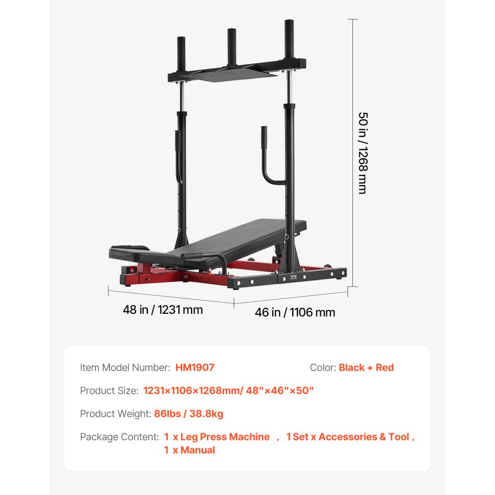 VEVOR Prensa de Piernas Vertical, Máquina de Gimnasio en Casa Especial para la Parte Inferior del Cuerpo, Acero al Carbono, para Prensas Alta Intensidad, Capacidad 259 kg, 1268 x 1231 x 1106 mm