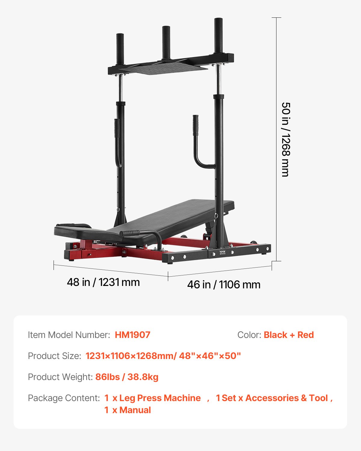 VEVOR Prensa de Piernas Vertical, Máquina de Gimnasio en Casa Especial para la Parte Inferior del Cuerpo, Acero al Carbono, para Prensas Alta Intensidad, Capacidad 259 kg, 1268 x 1231 x 1106 mm